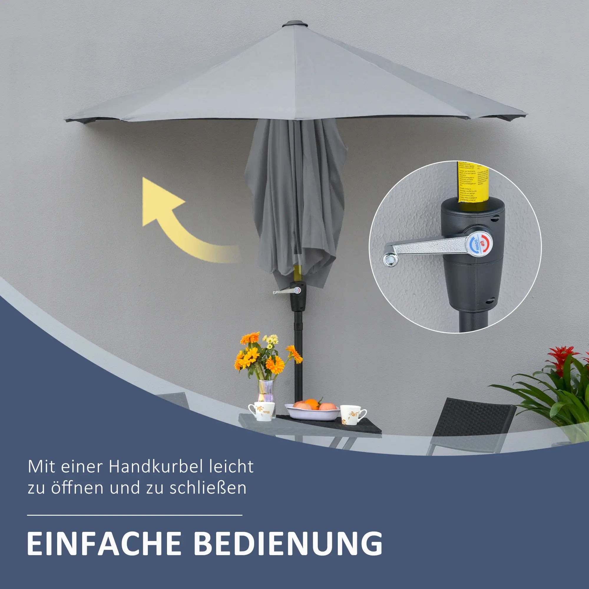 Outsunny Halbrundschirm Sonnenschirm mit Handkurbel Belüftung