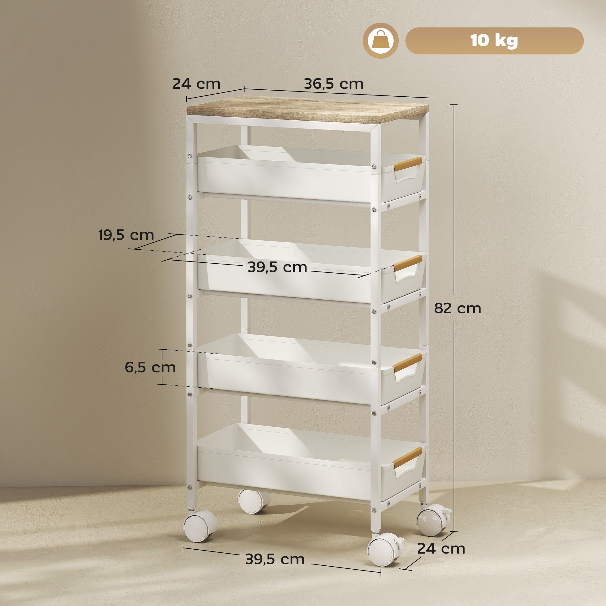 HOMCOM 5-stufiger Küchenwagen, Holzoptik, rollbar, Metallrahmen, 4 Schubladen, Weiß