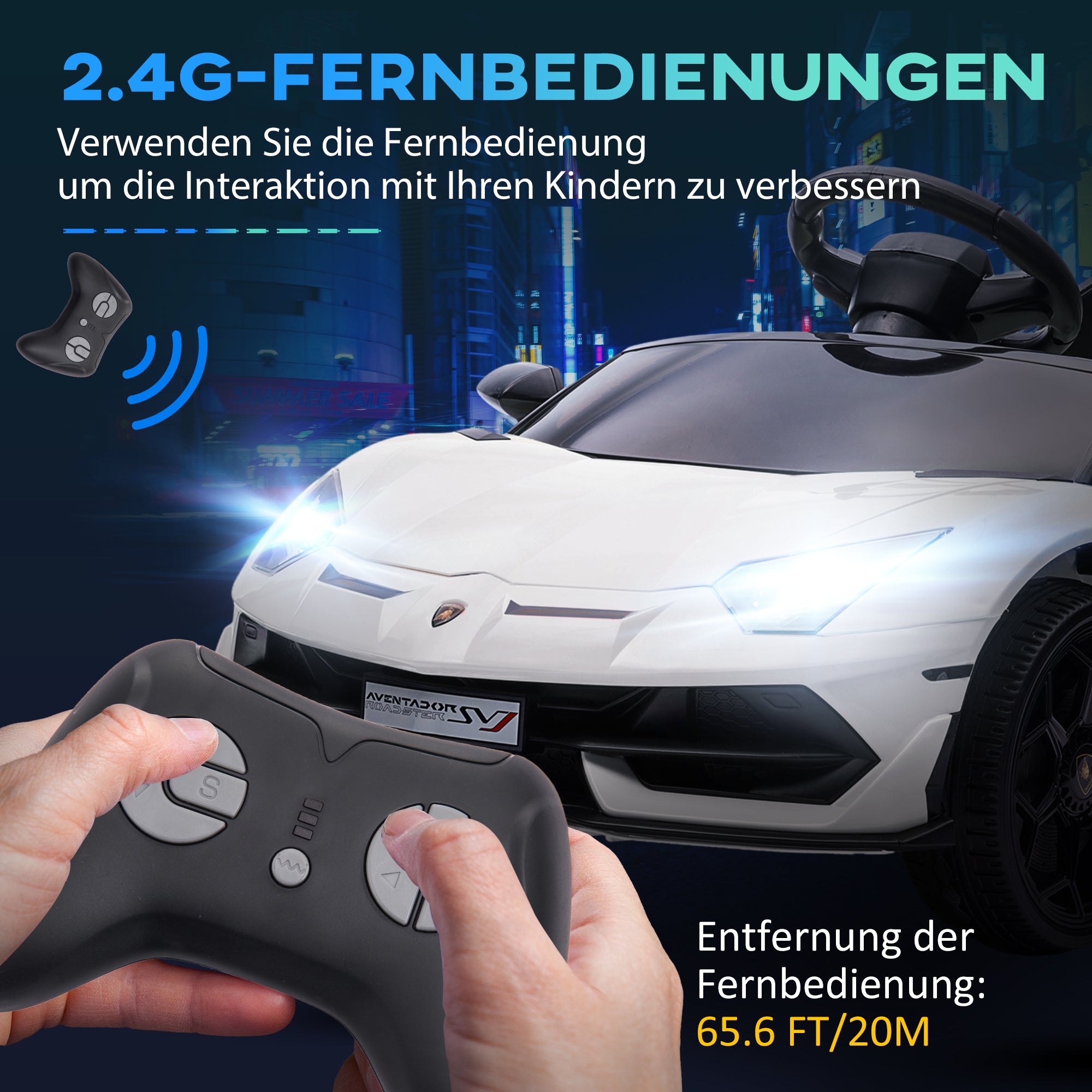 HOMCOM Elektro-Kinderauto, lizenzierter Lamborghini Aventador, Flügeltüren, Musik, Hupe, für 3-5 Jahre, Weiß