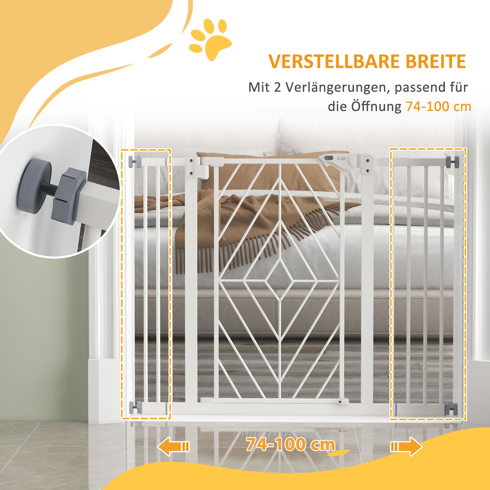 PawHut Türschutzgitter Treppenschutzgitter Absperrgitter Hundegitter, 100 cm x 4 cm x 76 cm, Weiß