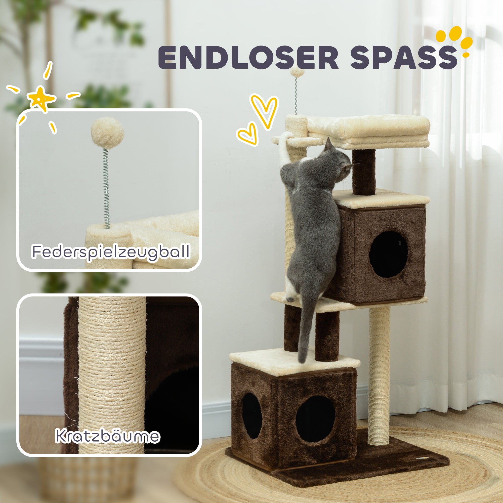 PawHut Katzenbaum, teilbarer Katzenturm mit Kratzpfosten, Sprungplattformen, für den Indoor-Bereich, Dunkelbraun+Weiß