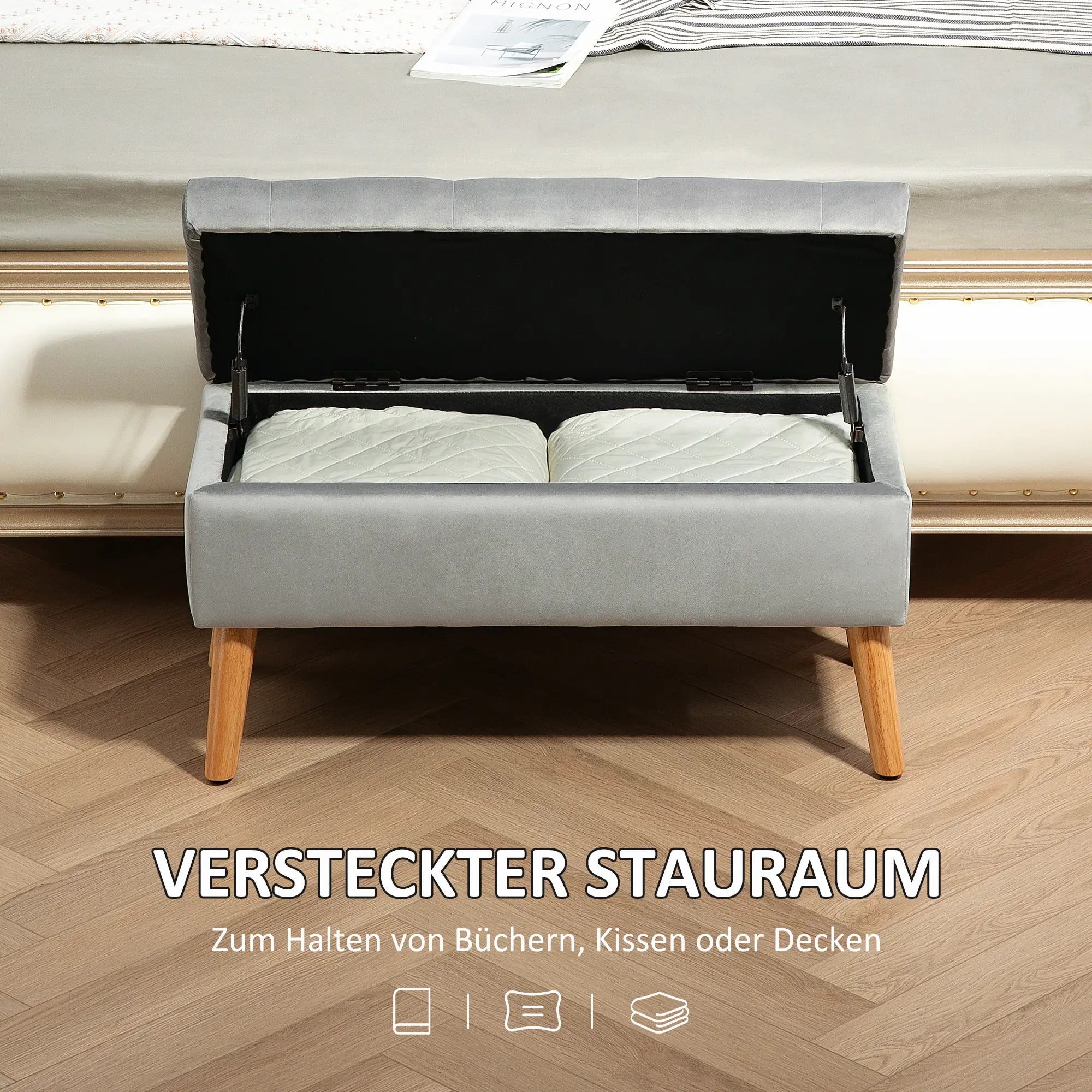 HOMCOM Polsterbank mit Stauraum, Stoffbezug in Samtoptik, Holzbeine, für Wohnzimmer, Schlafzimmer, Flur, 80 x 35 x 40 cm, Grau
