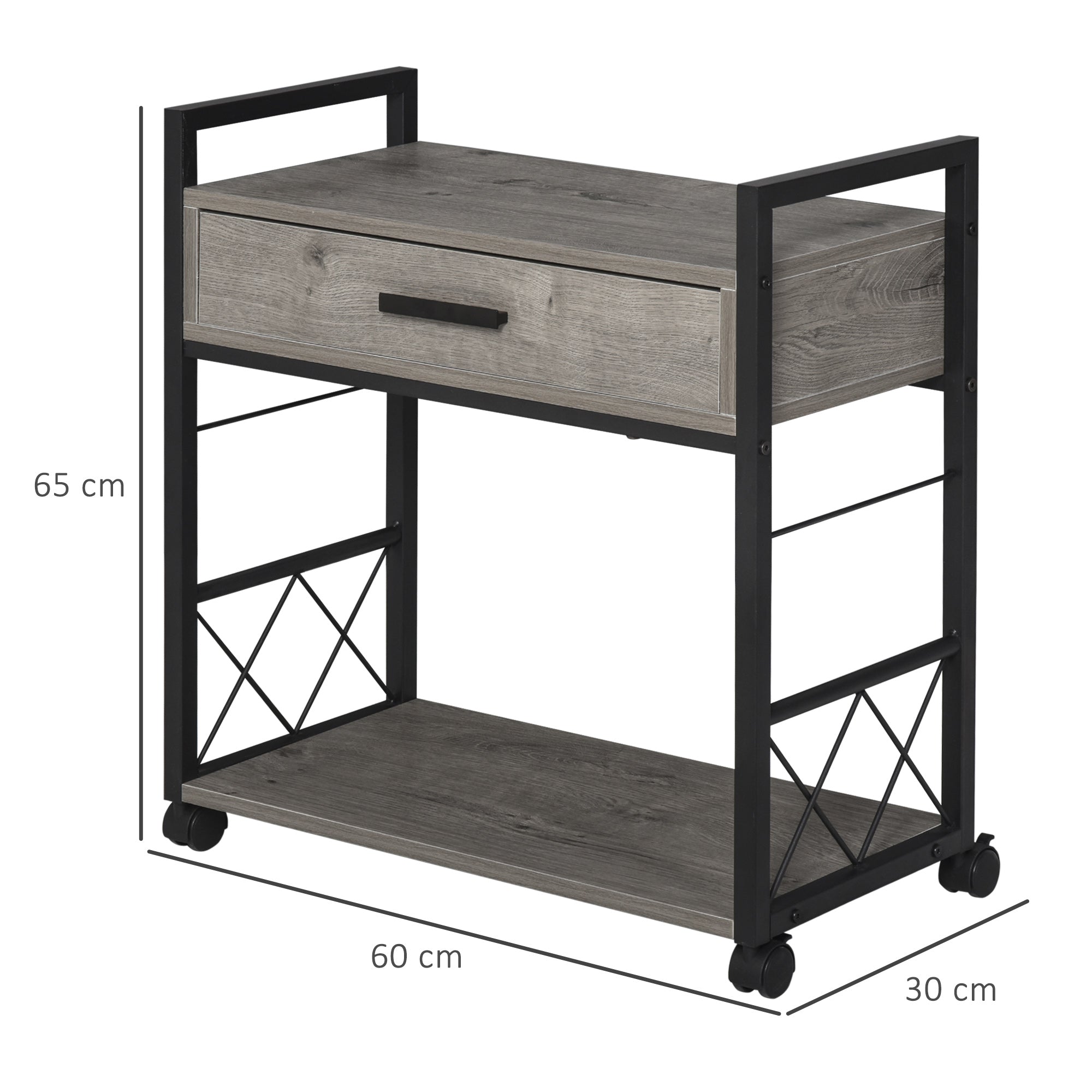 HOMCOM Beistelltisch Servierwagen mit Rädern Küchenwagen Kaffeetisch mit Schublade Ablage Sideboard beweglich Grau Spanplatte 60 x 30 x 65 cm