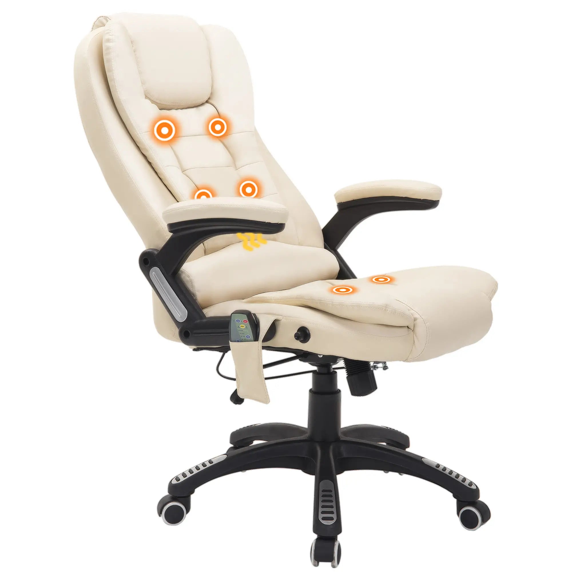 HOMCOM Bürostuhl mit Massagefunktion, Wärmefunktion, höhenverstellbar, Kippfunktion, Massage-Bürostuhl, Cremeweiß + Schwarz