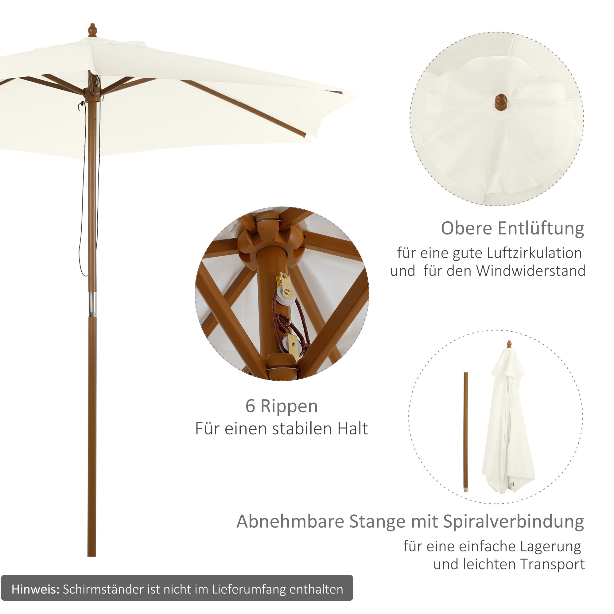Outsunny Sonnenschirm Ø 250 cm, Sonnenschirm mit Seilzugmechanismus Balkonschirm Strandschirm aus Bambus windfest Marktschirm Sonnenschutz für Balkon Terrasse Garten, Weiß