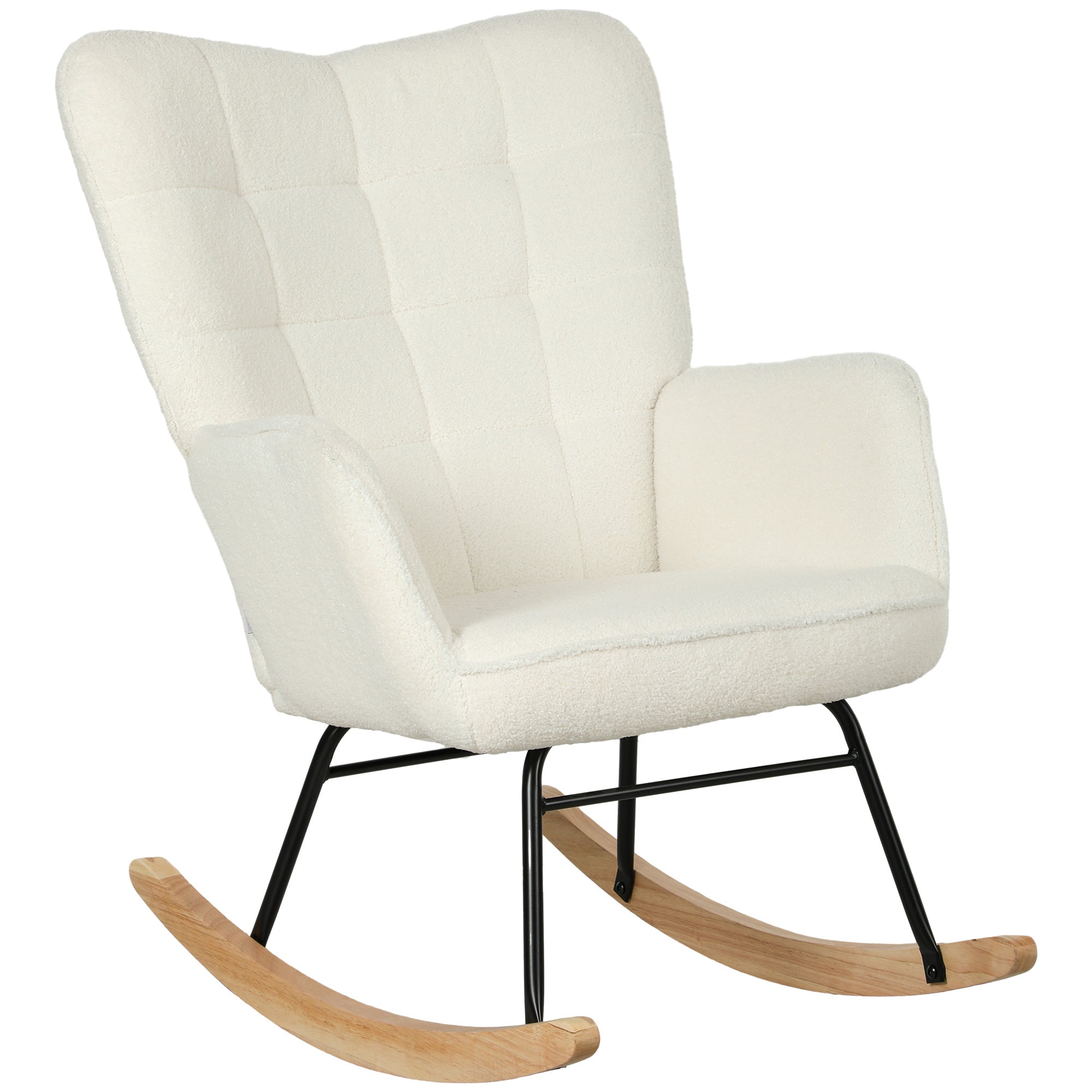 HOMCOM Schaukelstuhl in Vliesoptik mit Armlehnen, Ergonomischer Sessel mit Holzkufen, für Wohnzimmer, Schlafzimmer, Weiß