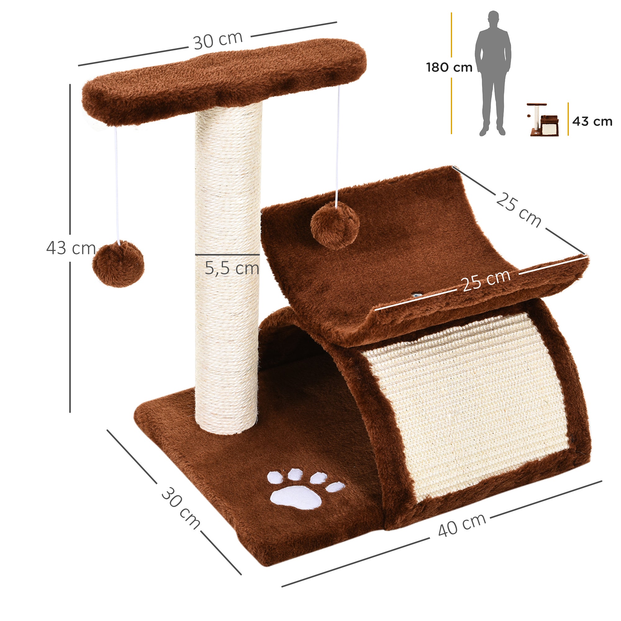 PawHut Kratzbaum klein Katzenkratzbaum Spielbaum Kratzstamm für Katzen mit Spielball Braun L40 x B30 x H43 cm