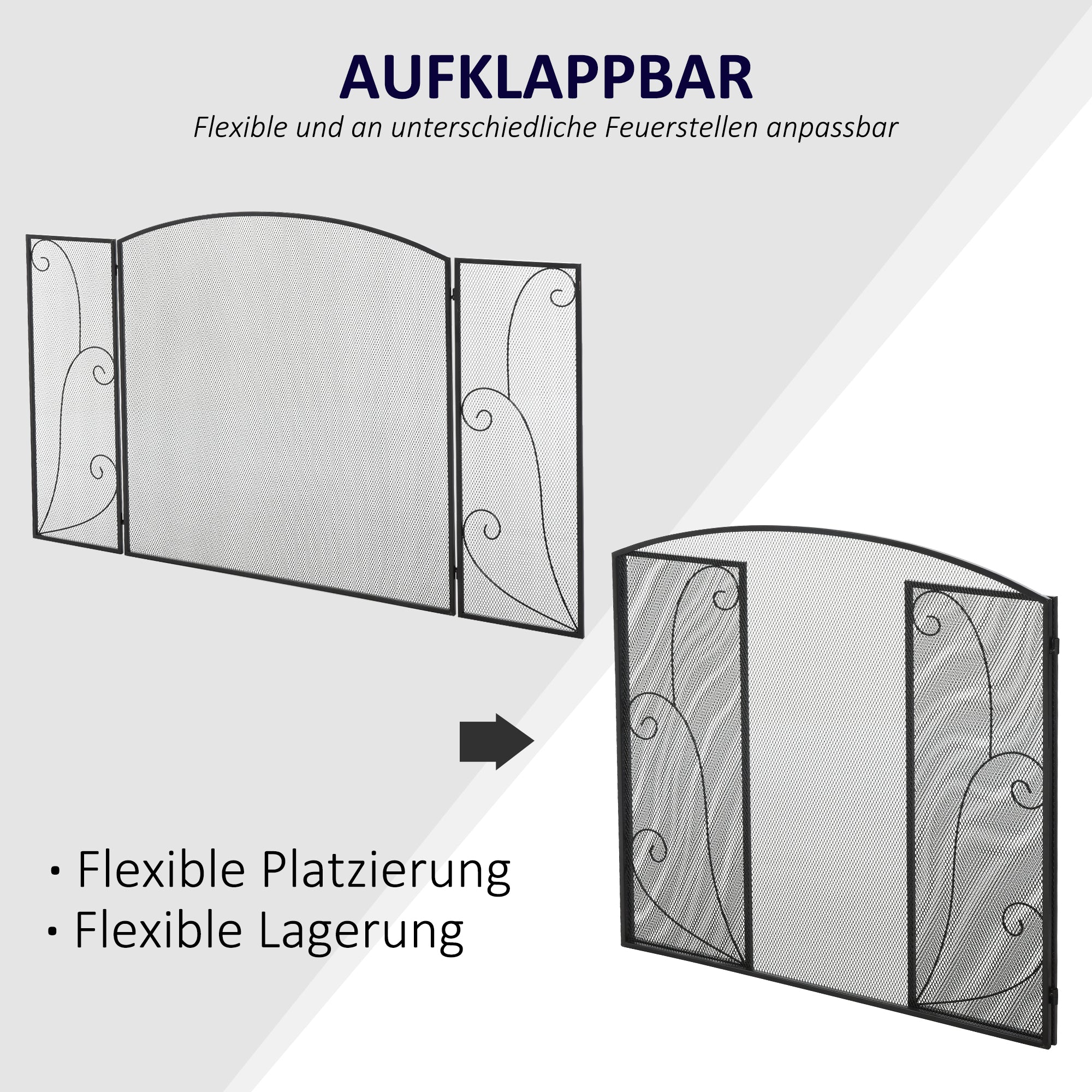 HOMCOM Funkenschutz für Kamine, 3 Paneele, klappbar, flexibel, Metall, schwarz, 132,5 x 76,5cm