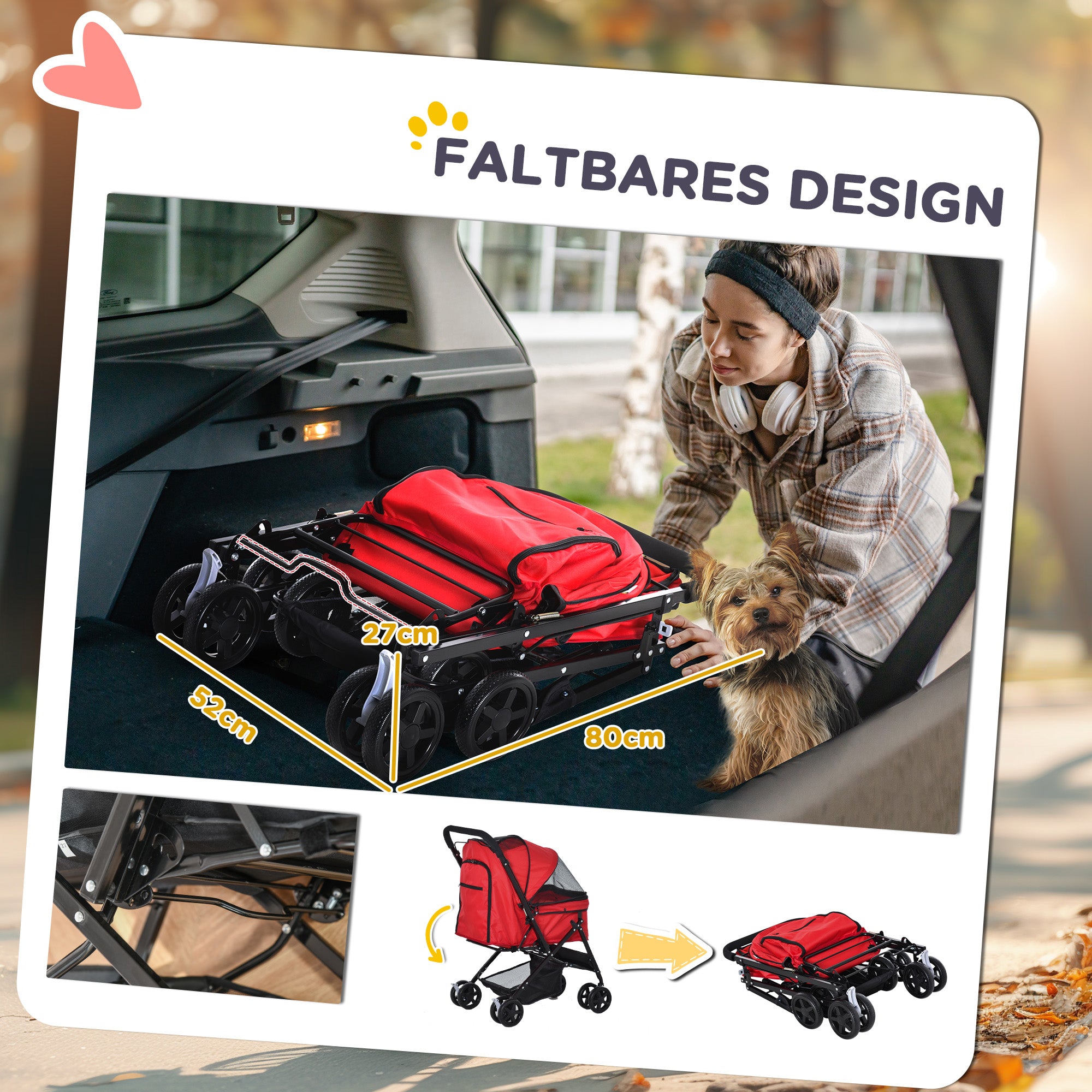 PawHut Hundebuggy Hundewagen bis 10kg klappbar verstellbares Vordach Oxford Rot 76,5 x 52 x 95 cm