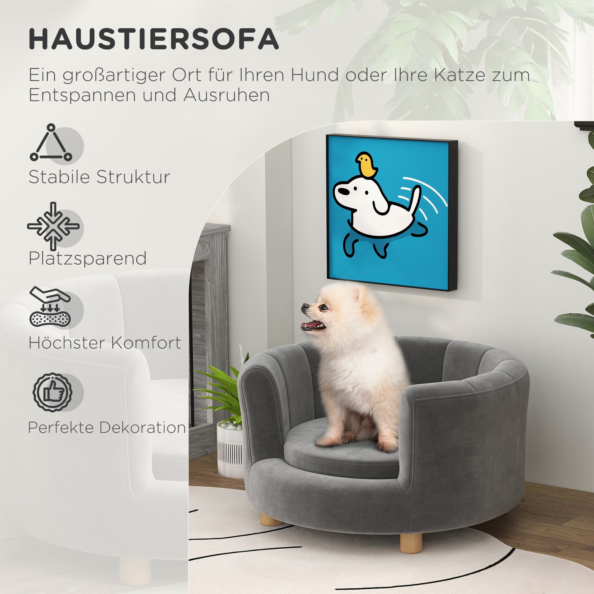 PawHut Haustierbett für Hunde und Katzen, Holzbeine, erhöht, Flanellbezug, abnehmbares Kissen, Grau