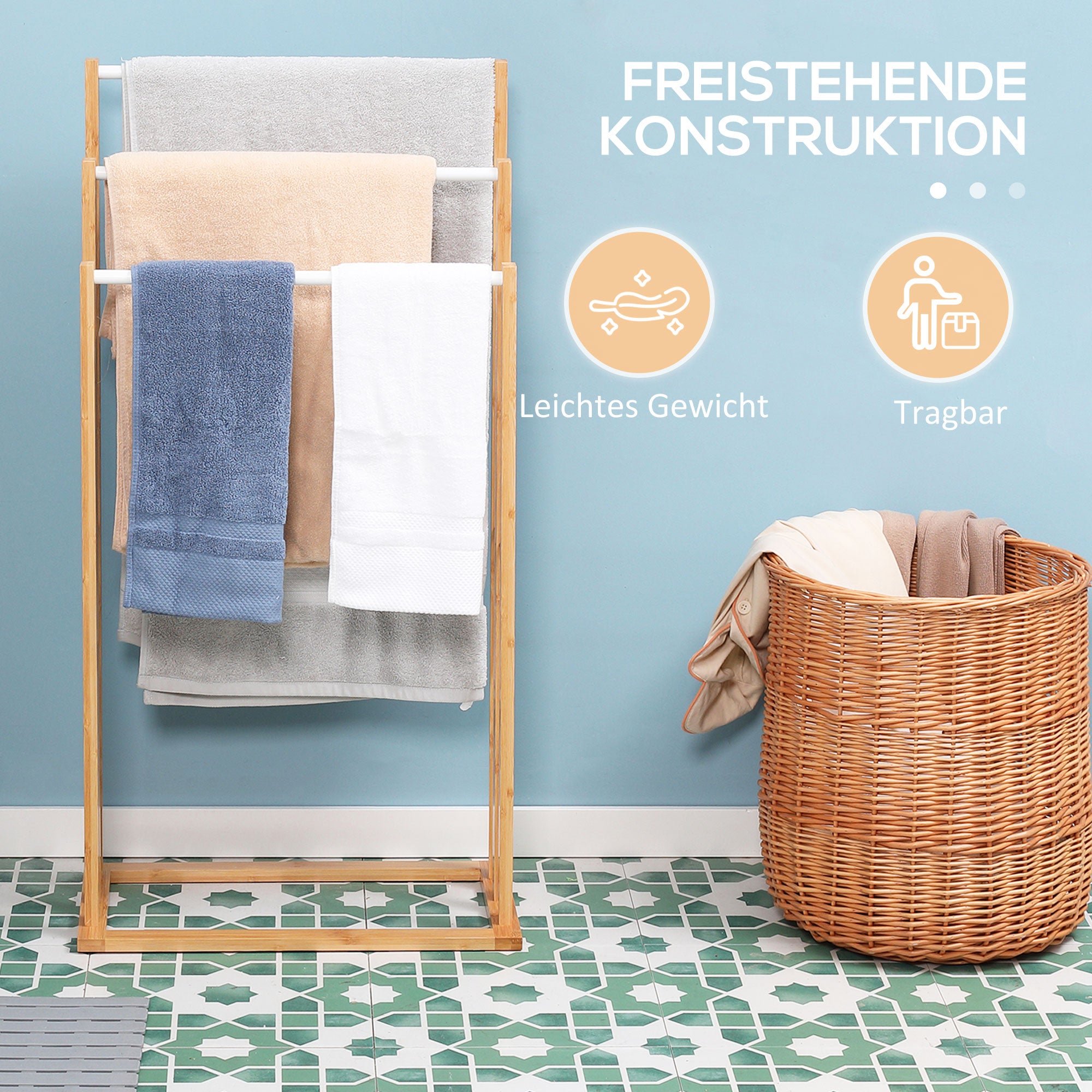 HOMCOM Handtuschständer aus Bambus. 3-teiliges Design, 3 Handtuchstangen 48 cm x 25,8 cm x 94 cm, Natur + Weiß