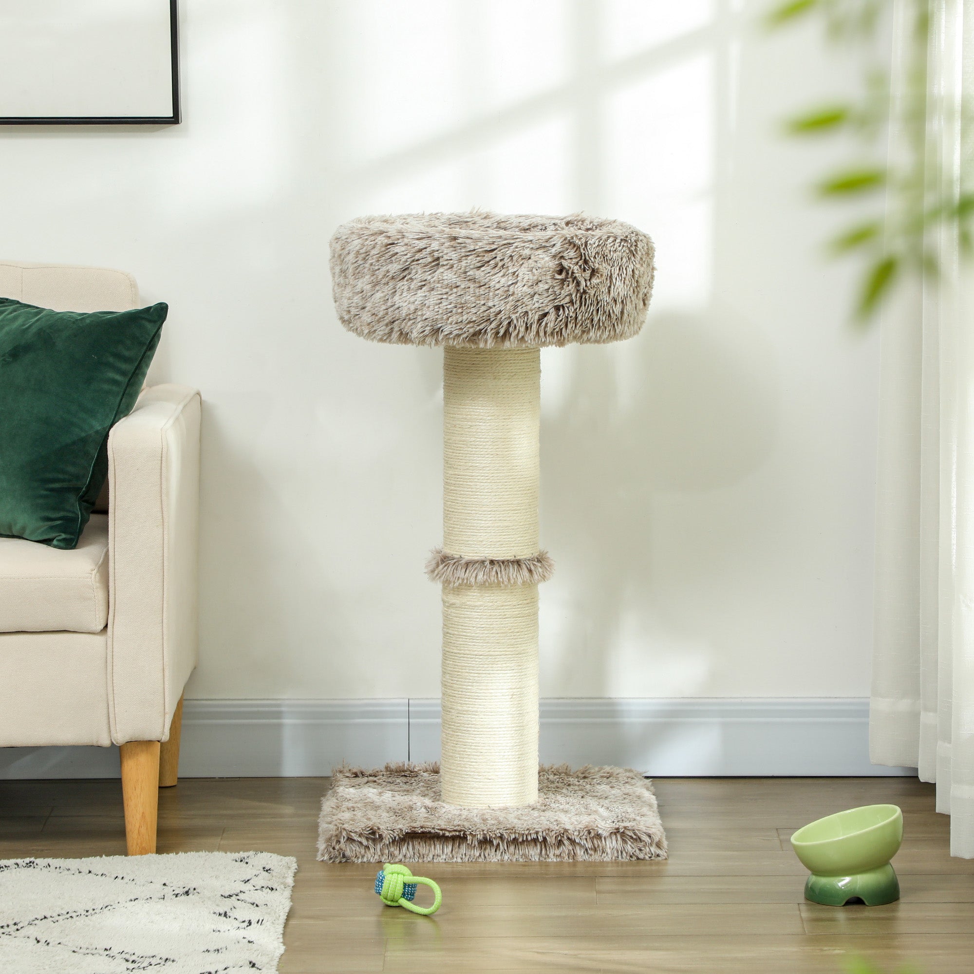 PawHut Katzenbaum, 87 cm, Katzenturm mit dickem Kratzpfosten, Plüschbett, für den Innenbereich, trägt bis zu 6 kg, Braun