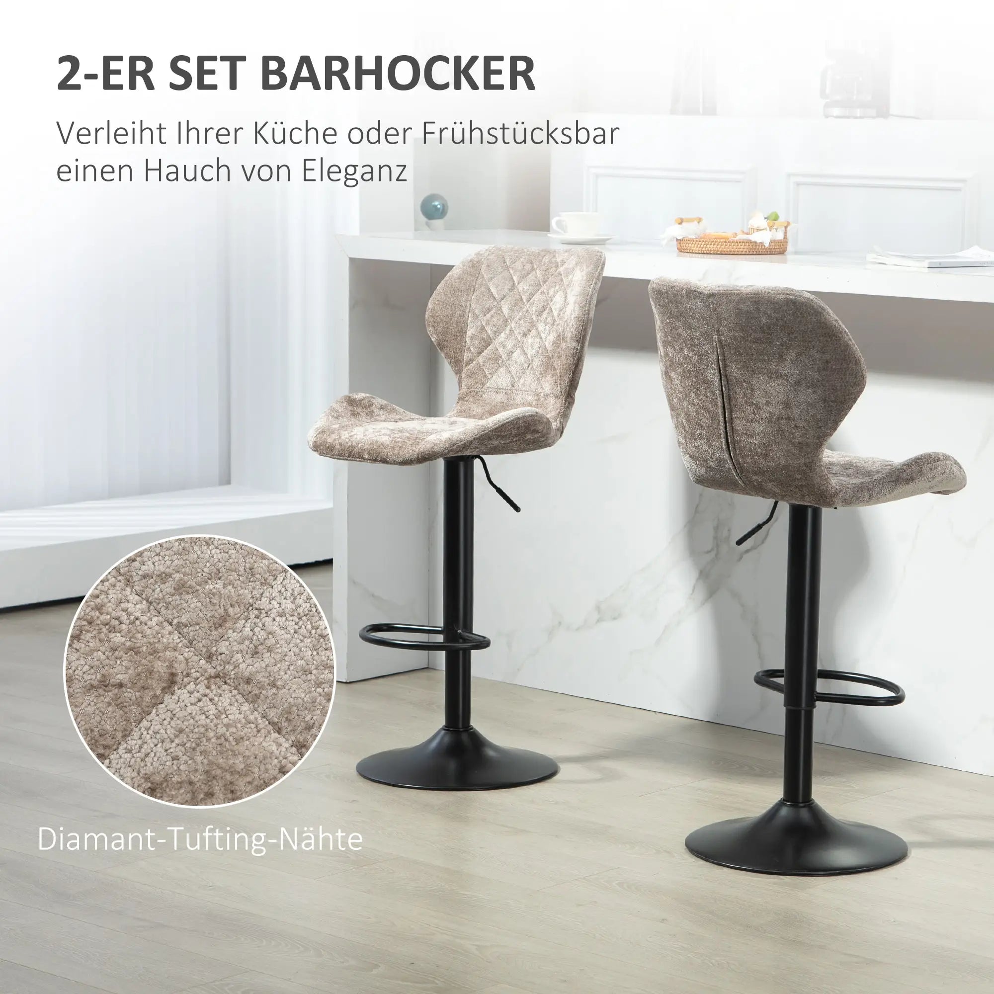 HOMCOM Barstühle im 2er-Set, Höhenverstellbare Küchenhocker mit Rückenlehne, Gaslift, Fußstütze, drehbar, Braun