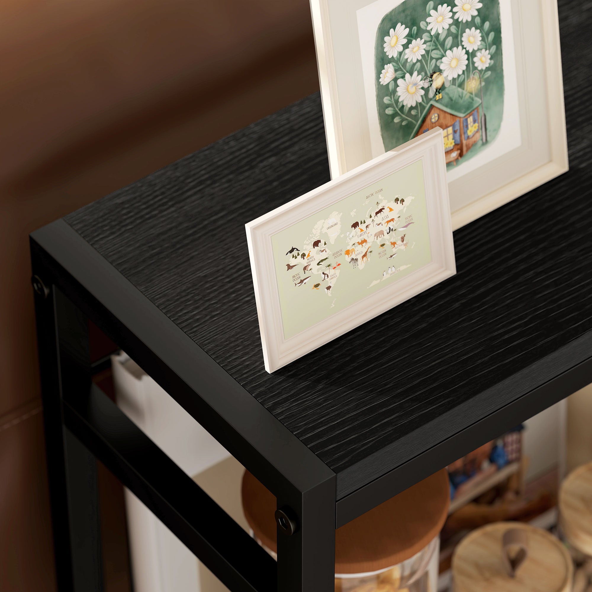HOMCOM Beistelltisch, 3-stufiges Design, Regale in Holzoptik, Stahlrahmen, Schwarz