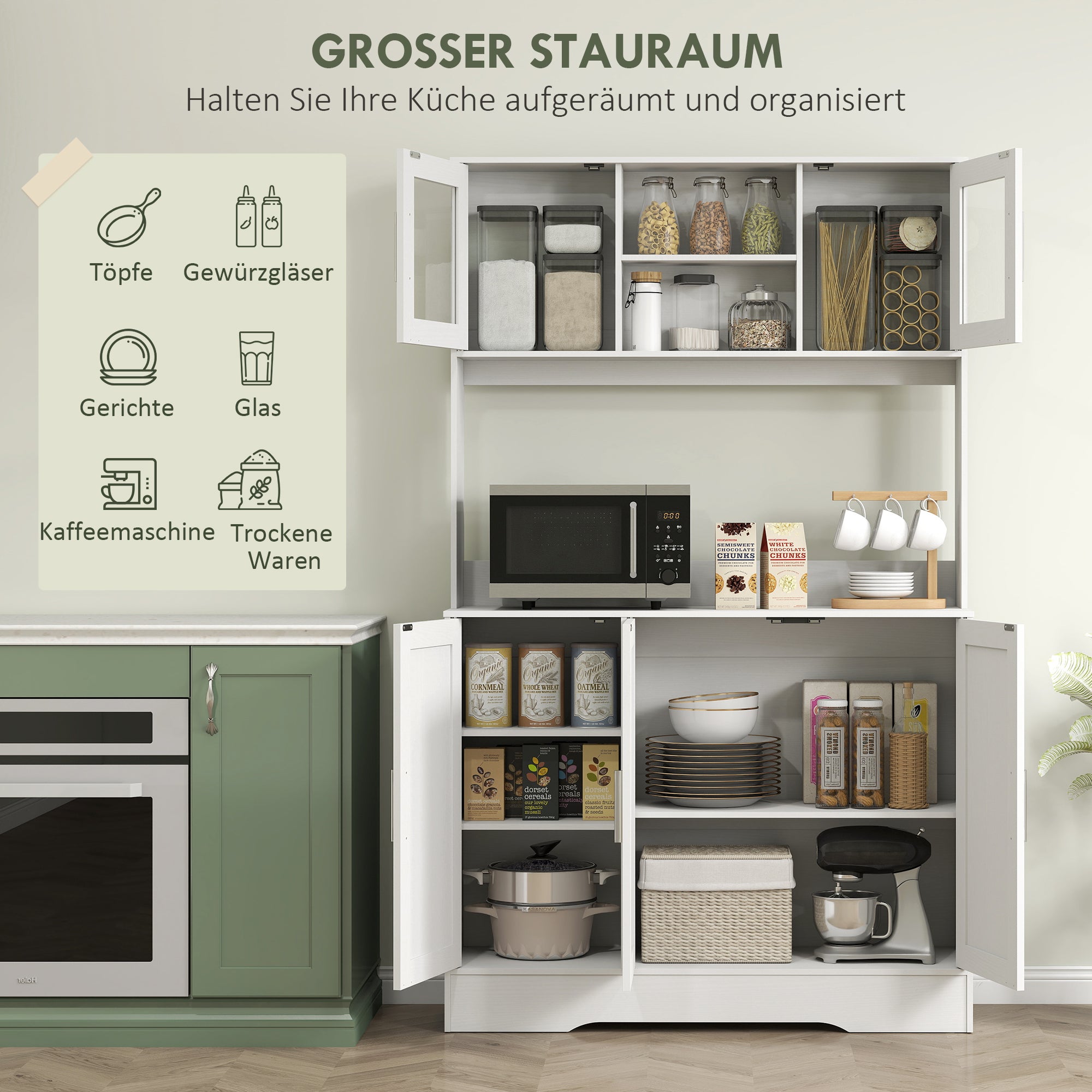 HOMCOM Küchenschrank, Skandinavisches Design, 4 Schränke, verstellbare Regale, Glastüren, offene Fläche, Spanplatte, MDF, Weiß