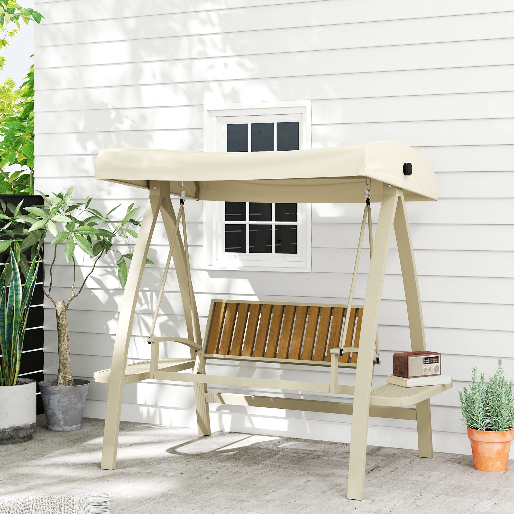 Outsunny Hollywoodschaukel 2-Sitzer Gartenschaukel mit verstellbarem Sonnendach, Seitentisch 200 x 120 x 190cm, Beige