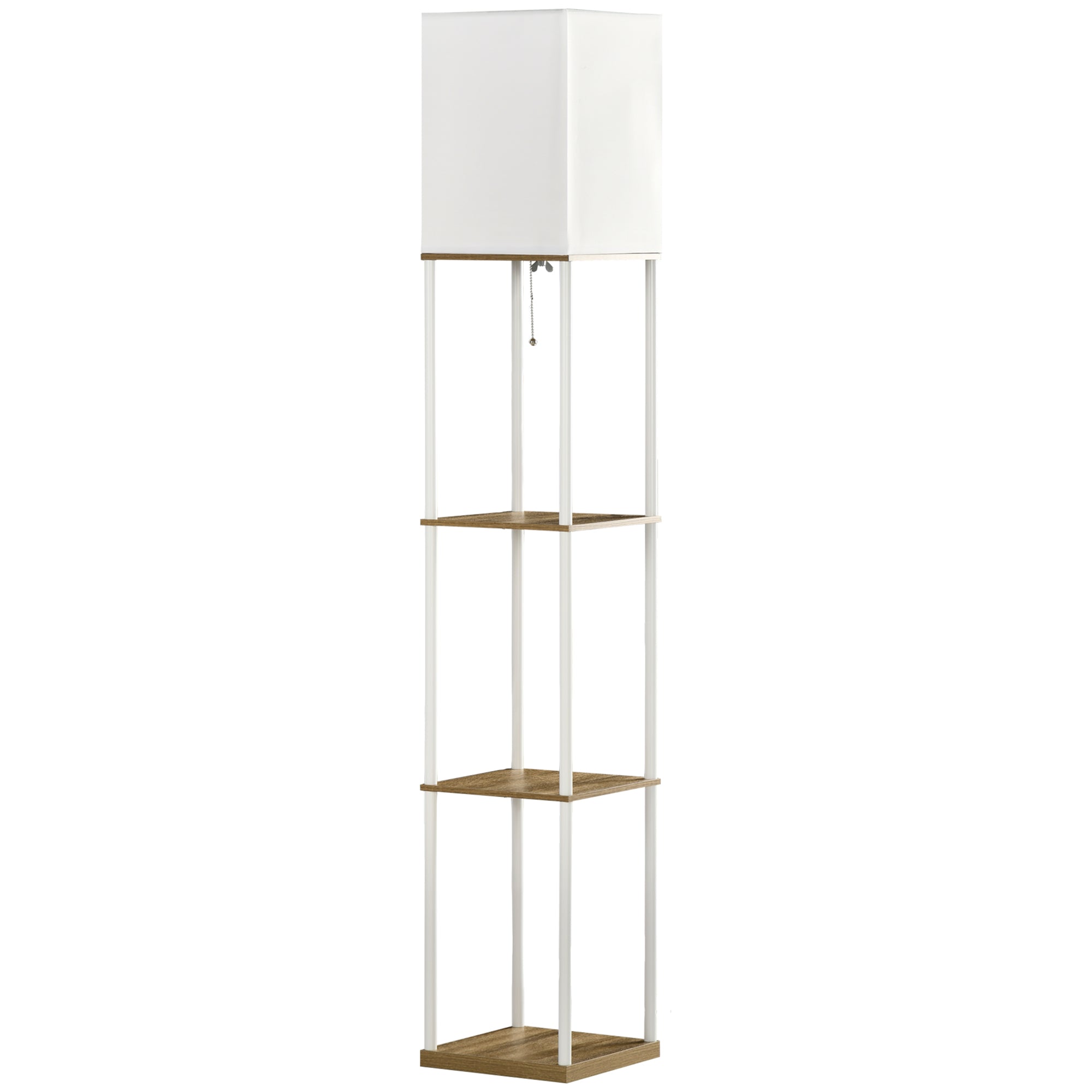 HOMCOM Standleuchte, Deckenfluter, mit Regalen, Metallrahmen, Stoffschirm, 26x26x159cm, Weiß/Braun