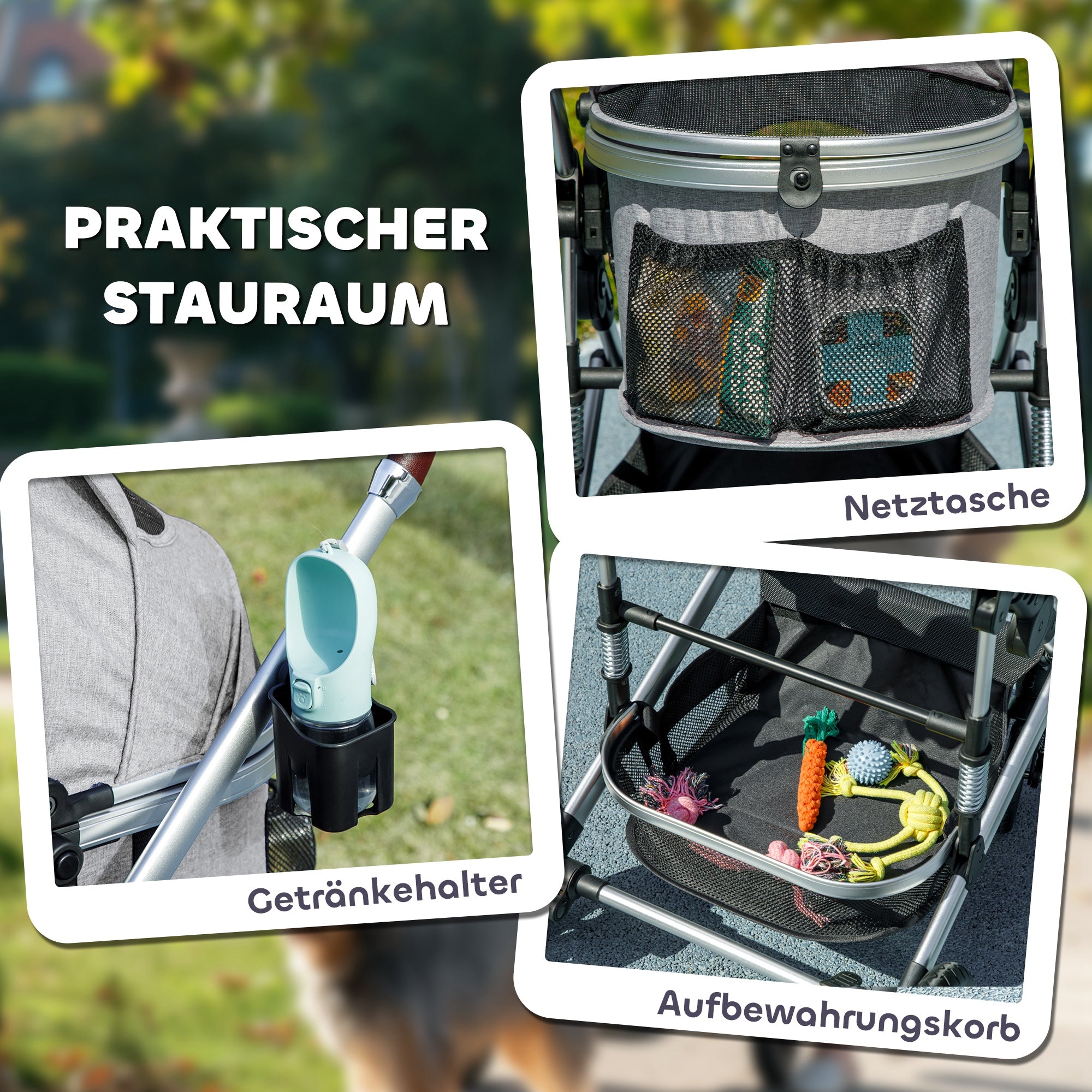 PawHut Hundewagen 3 in 1 Hundebuggy klappbar für Katzen bis 10 kg Katzenbuggy mit Kissen Becherhalter Hellgrau
