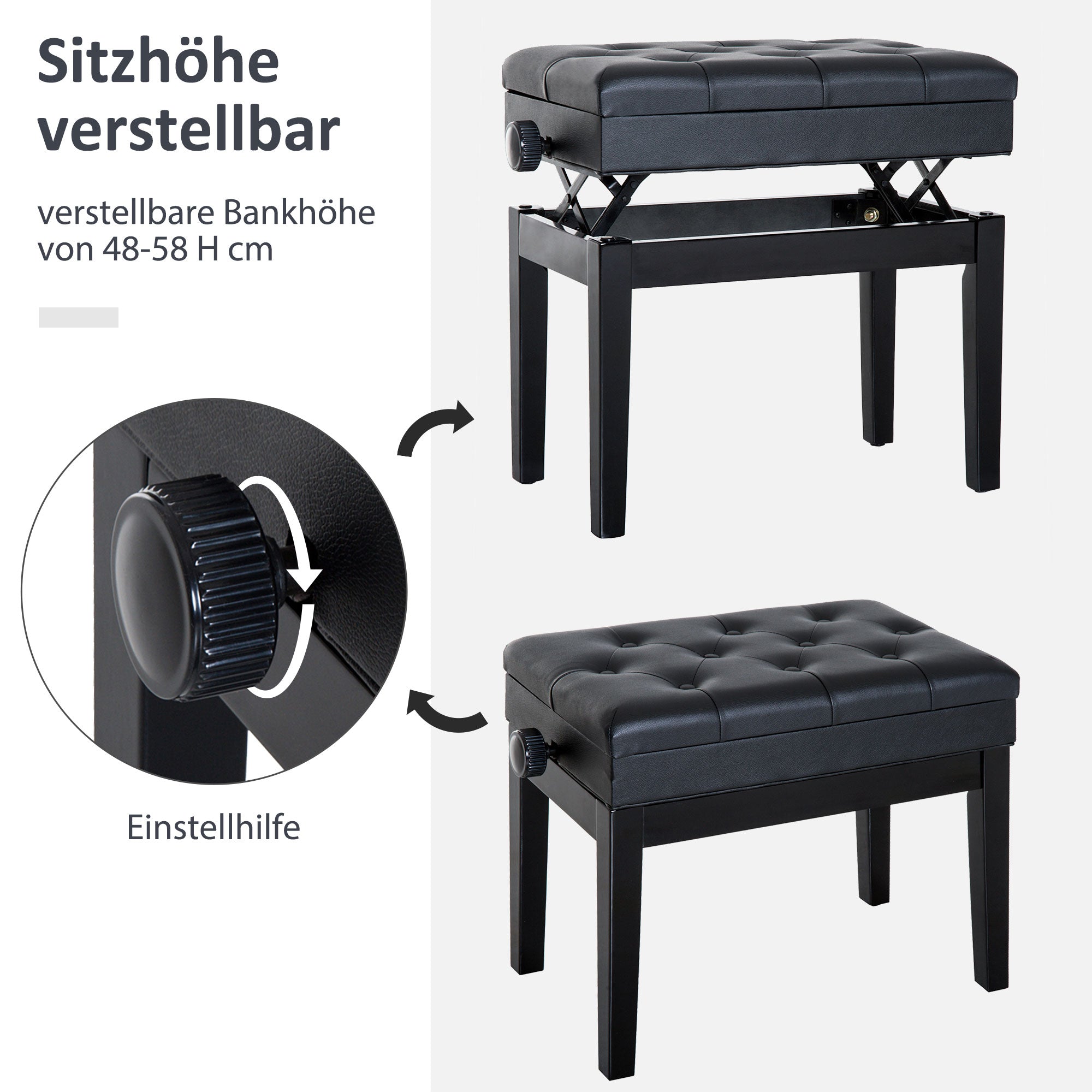 HOMCOM Klavierhocker Klavierbank Klavier Bank Schminkhocker Hocker mit Stauraum höhenverstellbar 54,5 x 33 x 48-58 cm