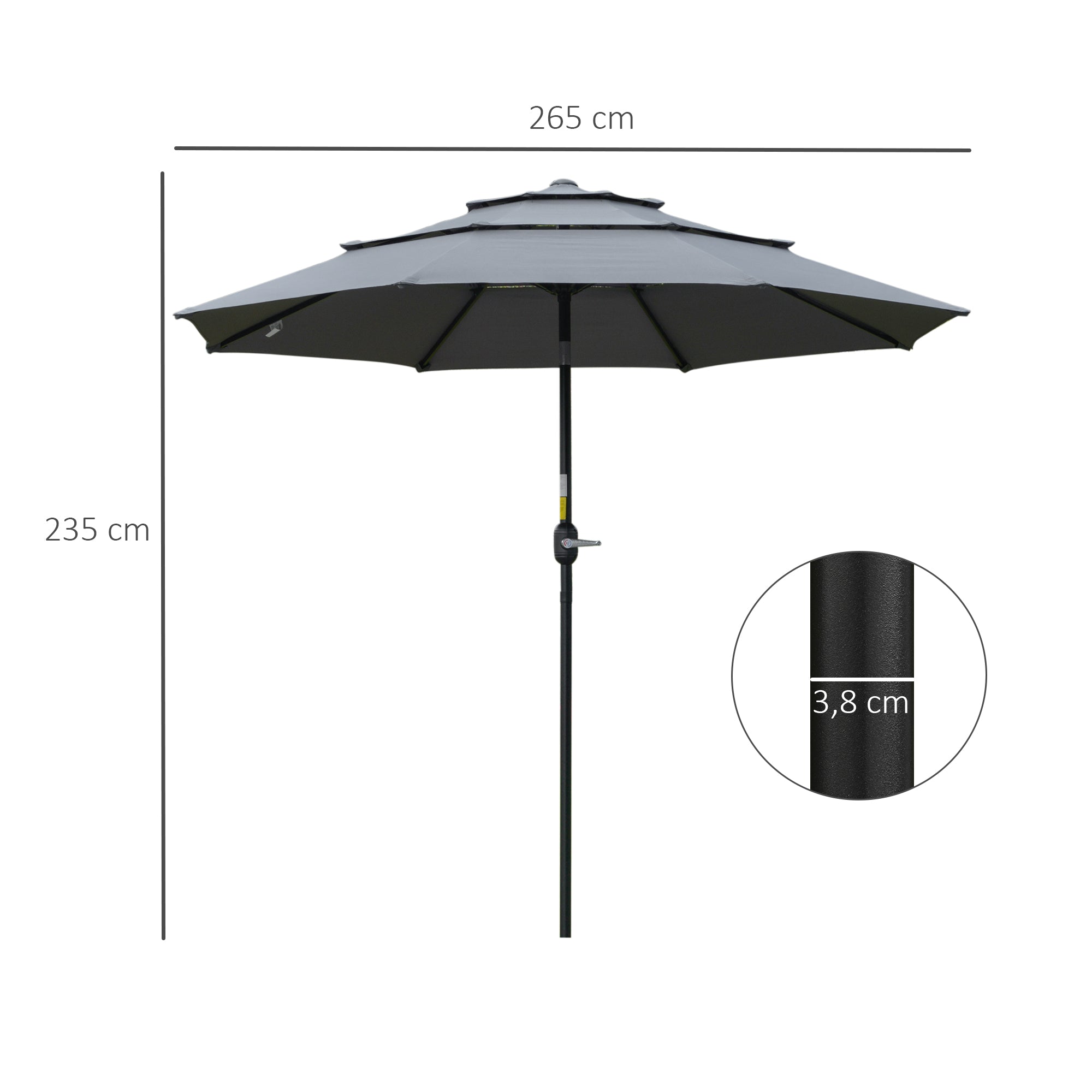 Outsunny 2,6 m Sonnenschirm mit 3-stufigem Dach Handkurbel Terrassenschirm drehbar Marktschirm 8 Rippen Gartenschirm mit Sonnenschutz Stahl Polyester Dunkelgrau