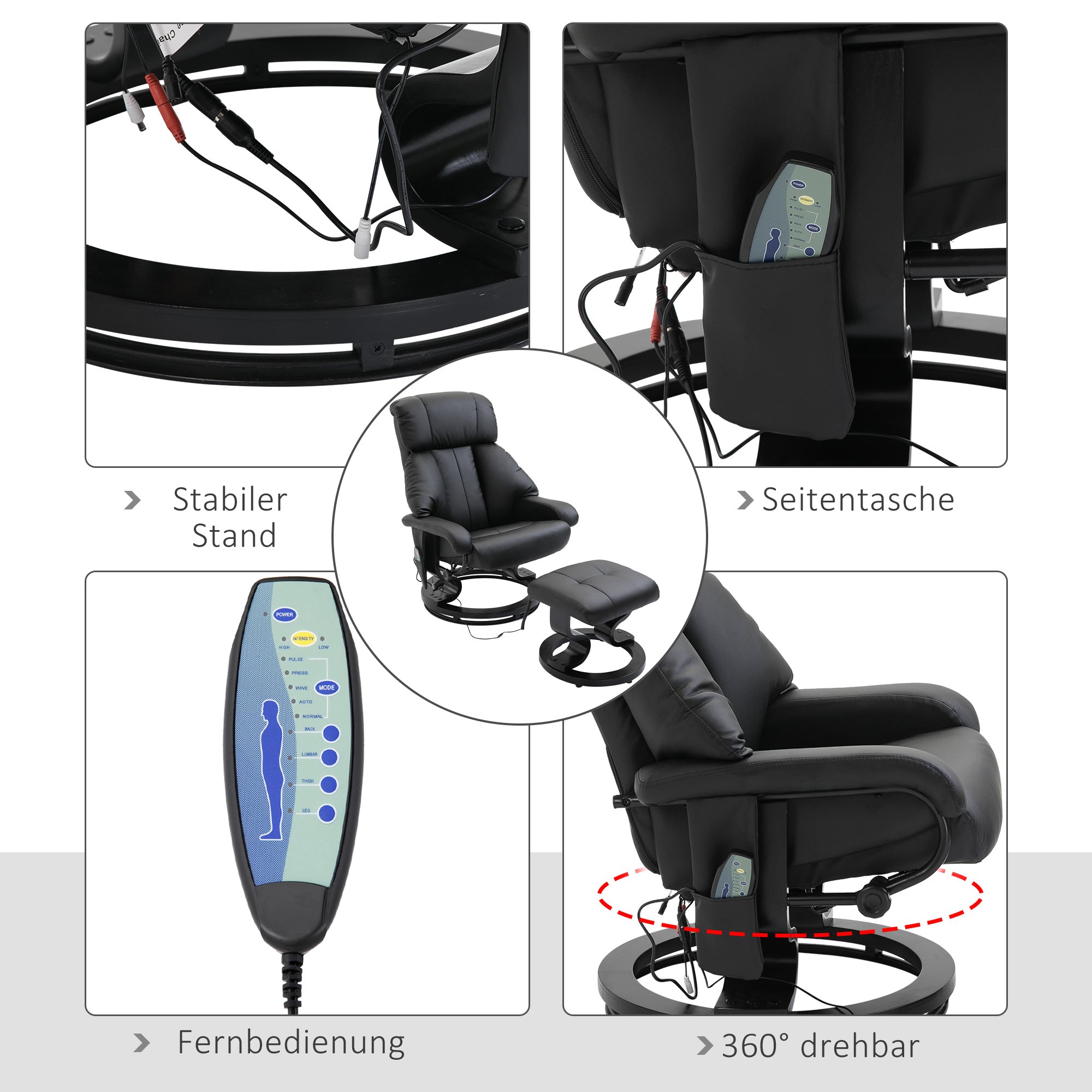 HOMCOM Massagesessel mit Fußhocker, 10 Vibrationspunkte, 145° verstellbare Rückenlehne, Schwarz