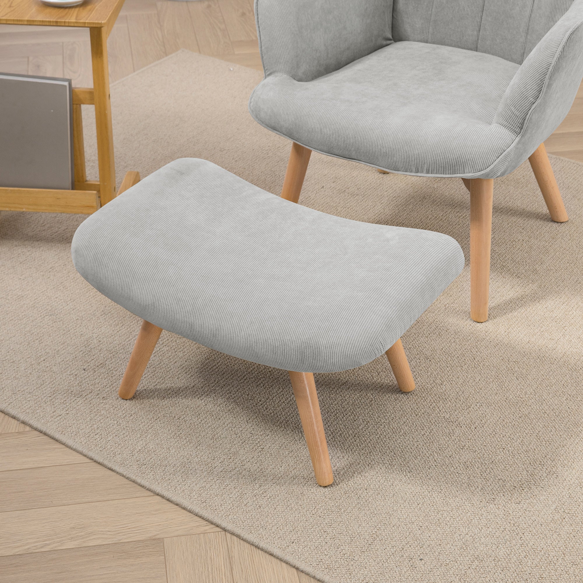 HOMCOM Akzentsessel mit Hocker, Relaxsessel in Cord-Optik, Armlehnstuhl mit Holzbeinen, für Wohnzimmer, Grau