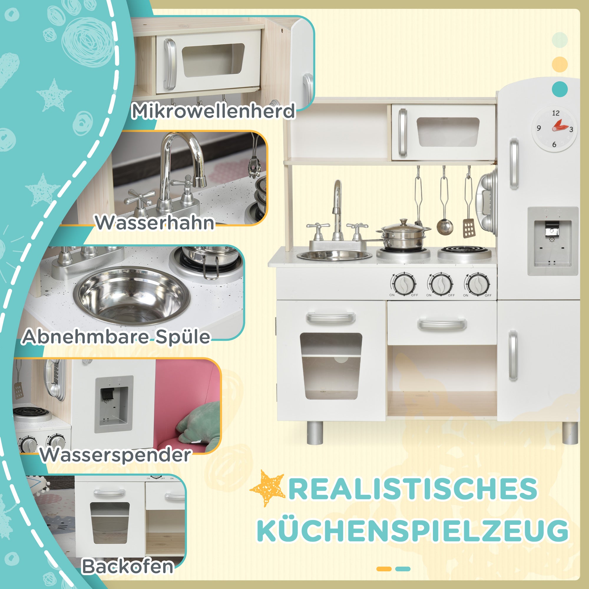 HOMCOM Kinderküche mit Zubehör, Traumküche, Spielküche, Spielzeugküche für Kinder ab 3 Jahren, Kiefer, MDF, Weiß, 74 x 30 x 81 cm