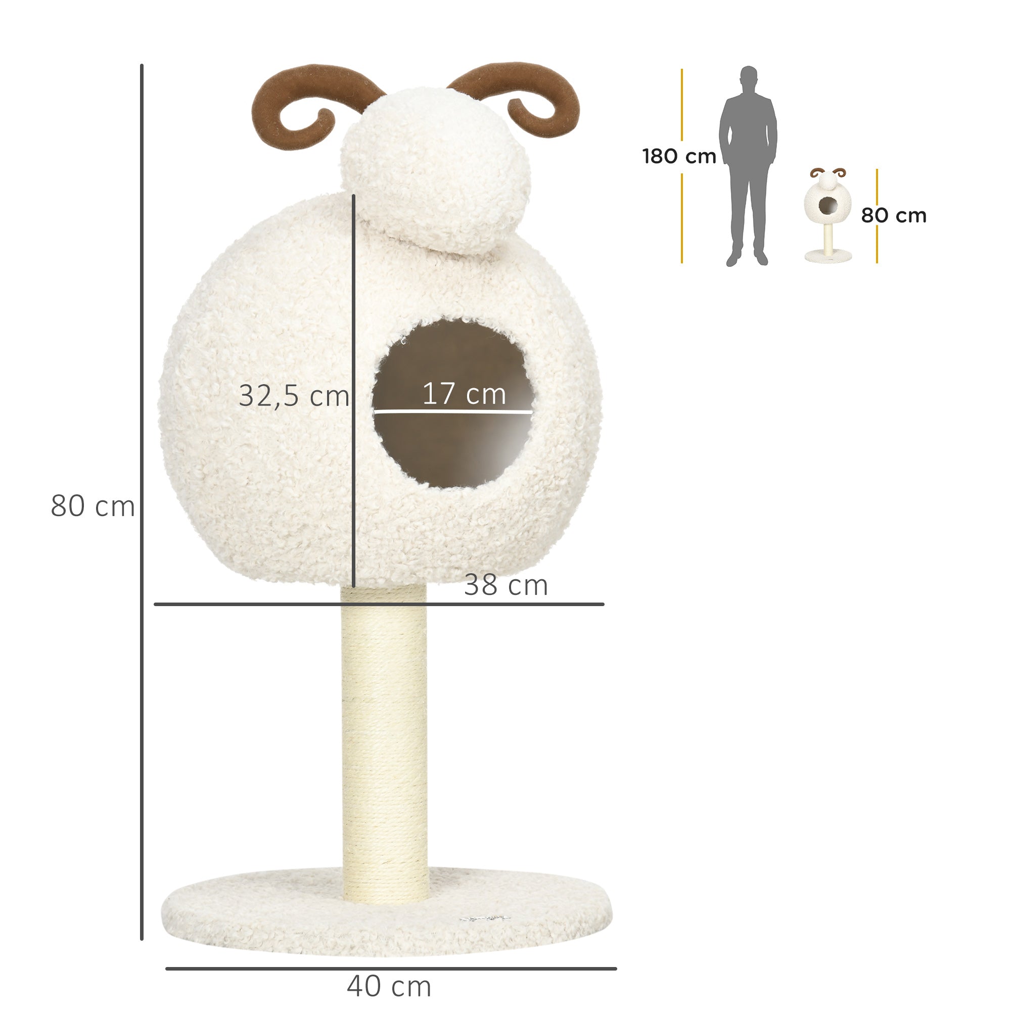 HOMCOM Kratzbaum für Katzen, Schafdesign inkl. Katzenhöhle u. Kratzstamm, waschbares Kissen, Cremeweiß + Braun
