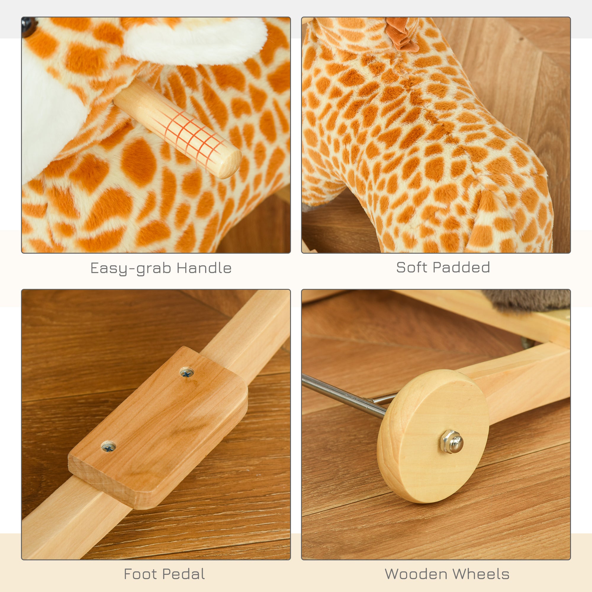 HOMCOM 2-IN-1 Schaukeltier Giraffen mit Sound Effekt, Räder , Haltegriffen Plüsch Baby Schaukelspielzeug Schaukel Schaukelsitz für Kleinkinder 3-6 Jahre