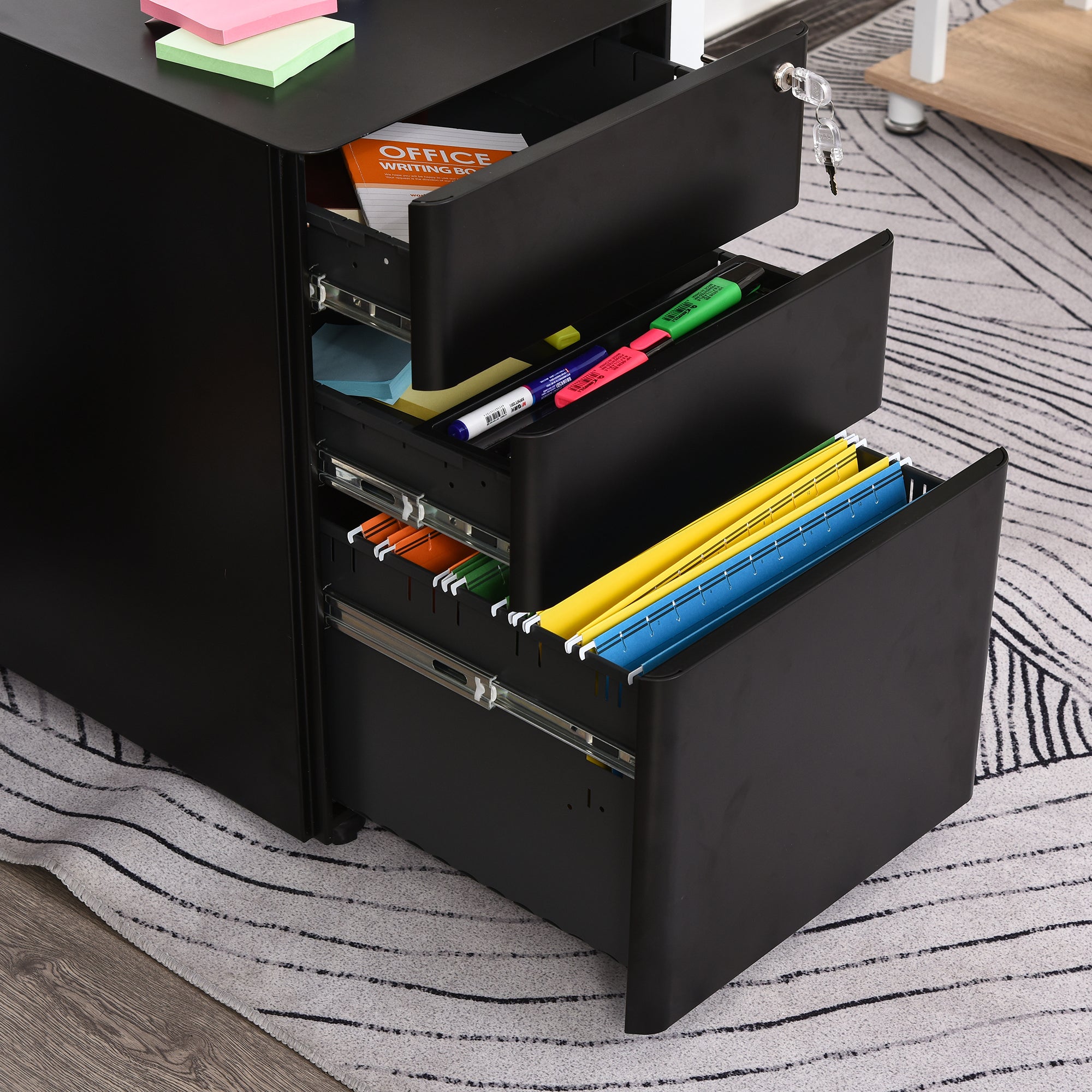 Vinsetto Rollcontainer, mobiler Aktenschrank mit 3 Schubladen, abschließbarer Büroschrank mit Hängeregistratur, Aufbewahrung, Stahl, 39 x 48 x 59 cm Schwarz