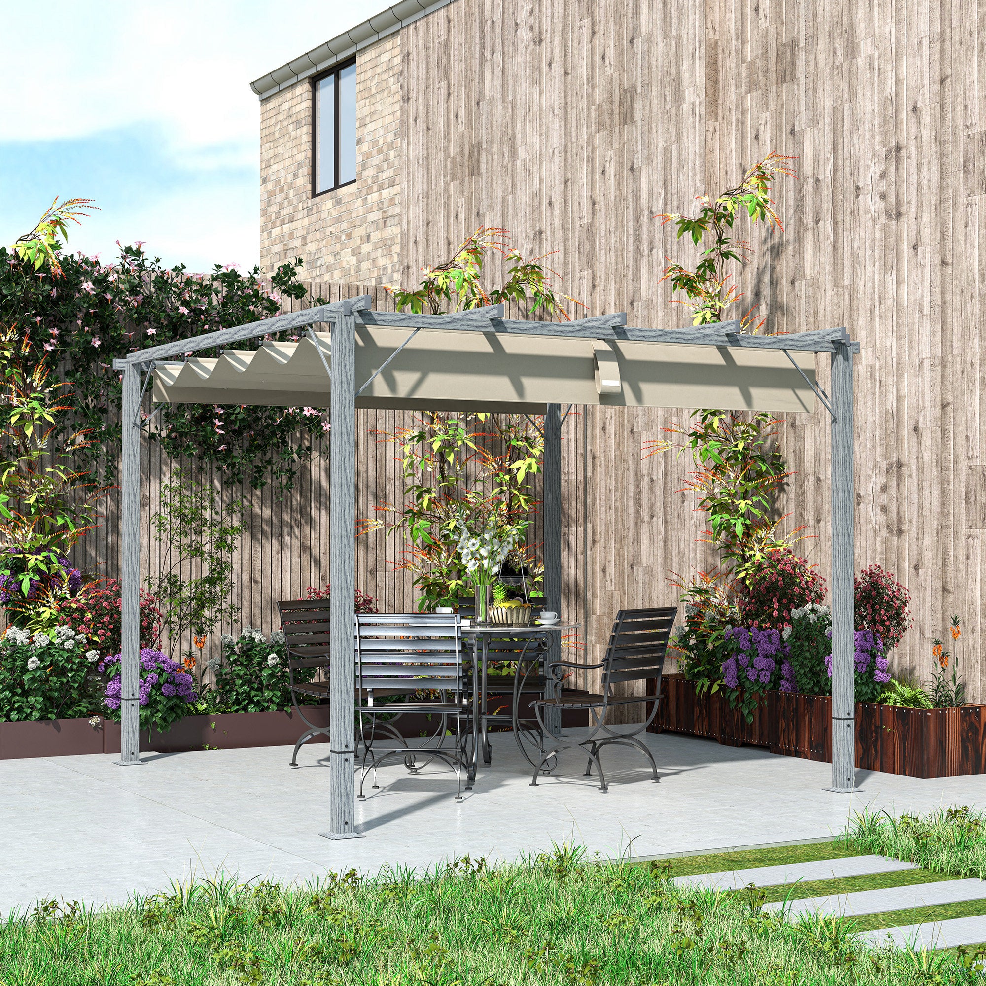 Outsunny 3 x 3 m Garten-Pergola, Verstellbares Terrassendach, Aluminium-Rahmen, UPF30+ Sonnenschutz, Grau