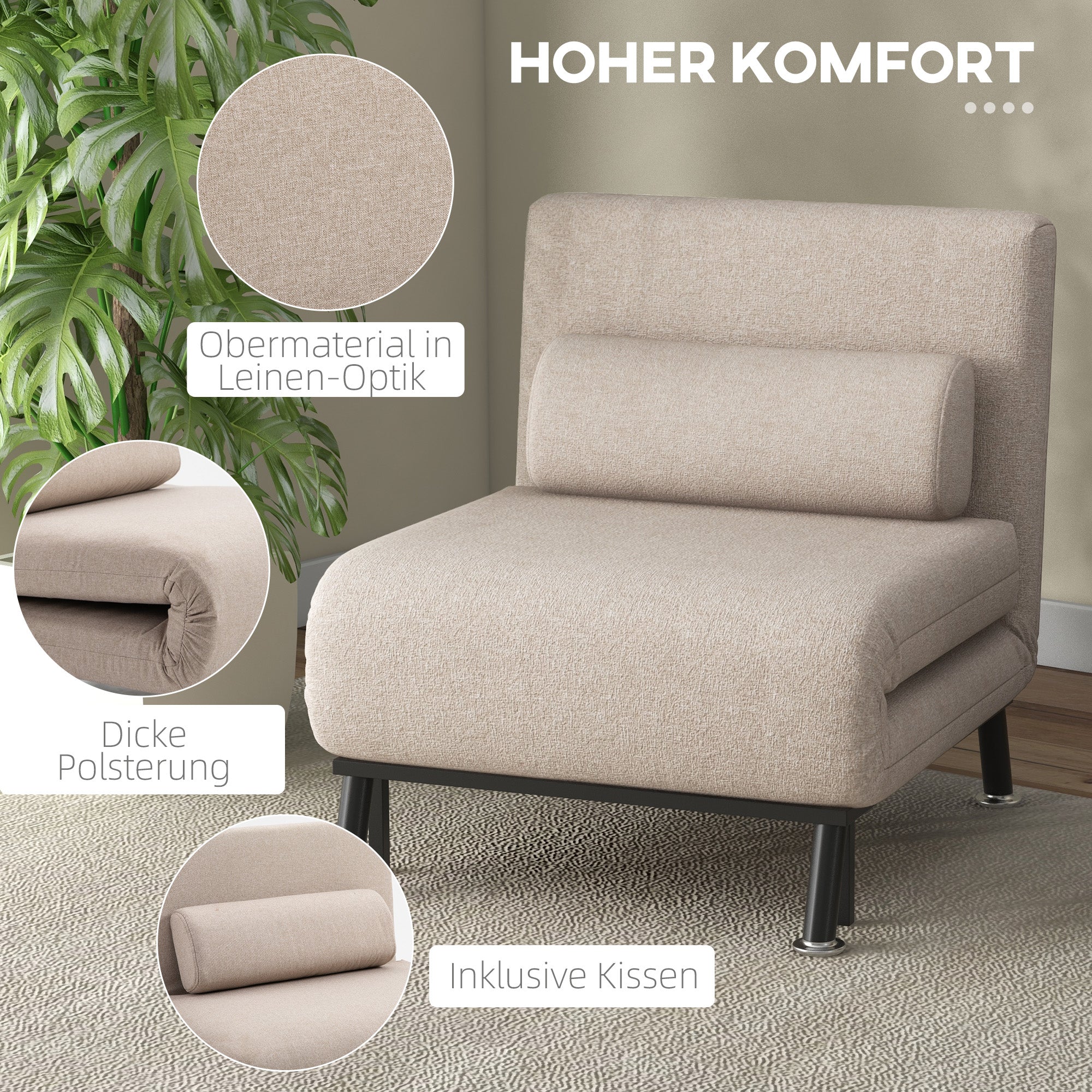 HOMCOM Klappsessel mit Bettfunktion, klappbarer Relaxsessel in Leinenoptik, Verstellbare Rückenlehne, 75 x 70 x 75 cm, Beige