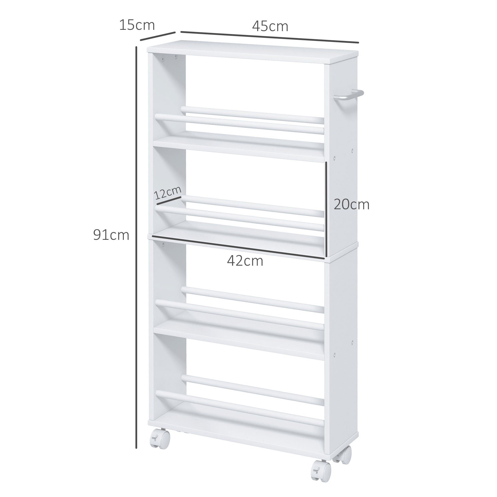 HOMCOM Multifunktionsregal mit Rollen, schmale Bauweise, 4 Fächer, 45x15x91 cm, Weiß