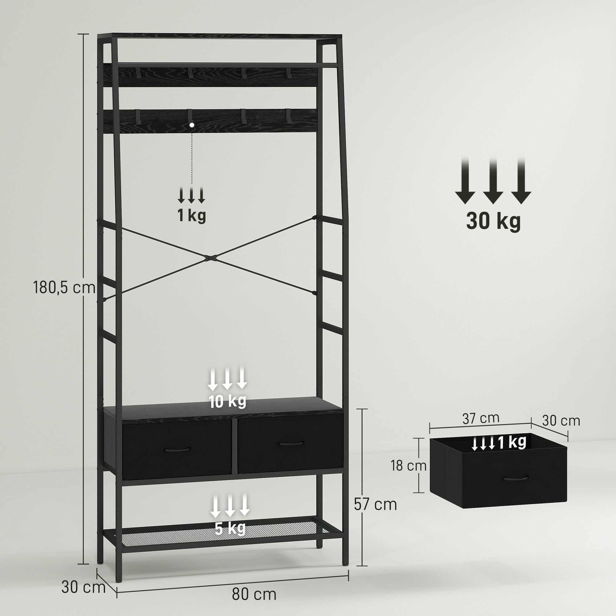 HOMCOM Garderobenständer mit Schuhregal, Kleiderständer im Industrie-Design, 2 Stoffschubladen, 8 Haken, Metallrahmen, Schwarz