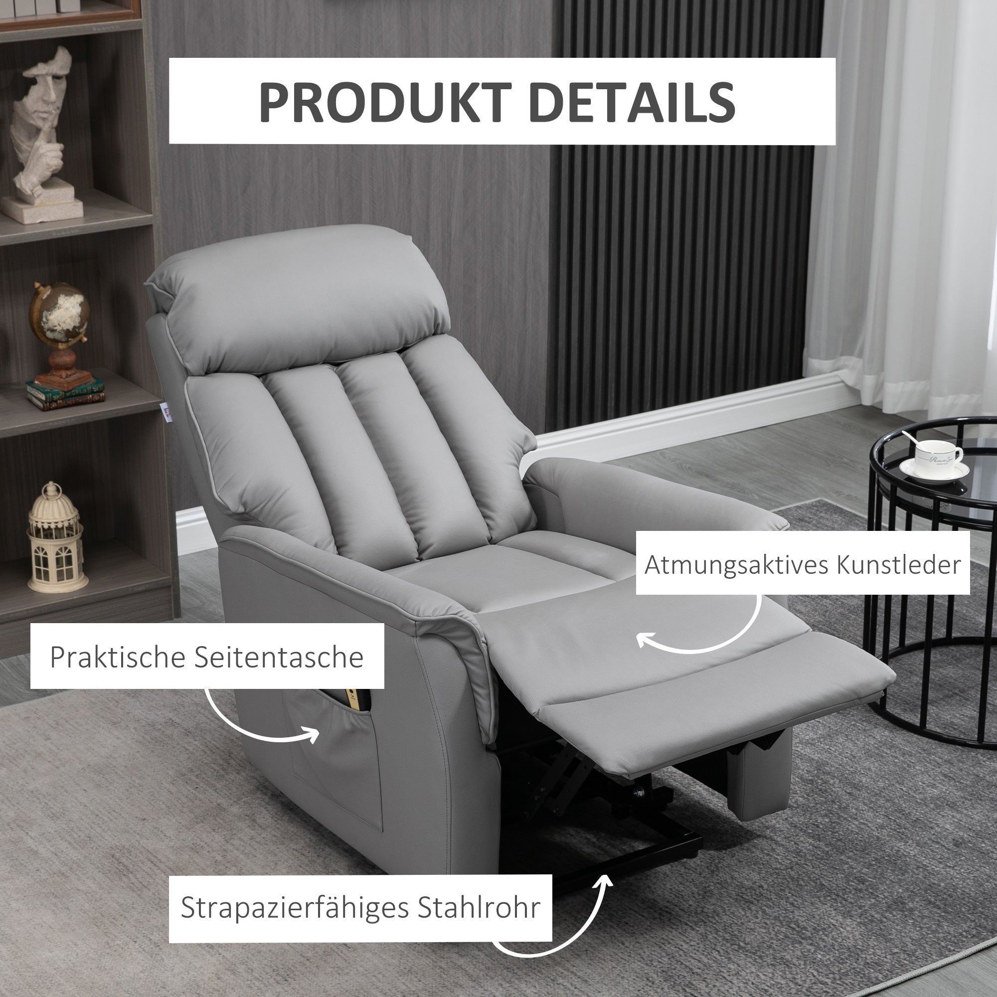HOMCOM Aufstehsessel Relaxsessel Fernsehsessel, inkl. Kabelfernbedieung, 1 Seitentasche,  80 x 94 x 104 cm, Grau