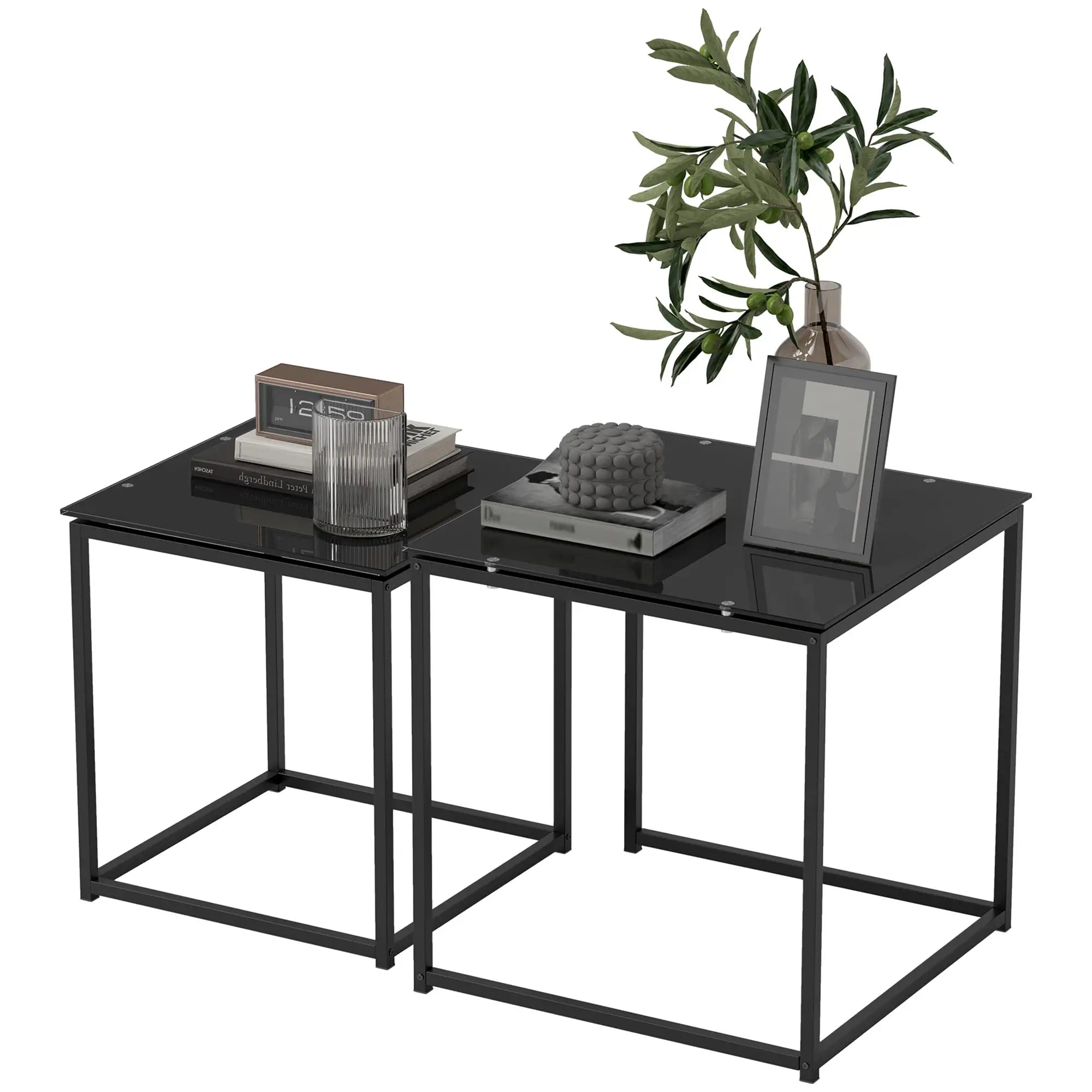 HOMCOM 2er-Set Beistelltische mit Glastischplatte, quadratisch, Schwarz