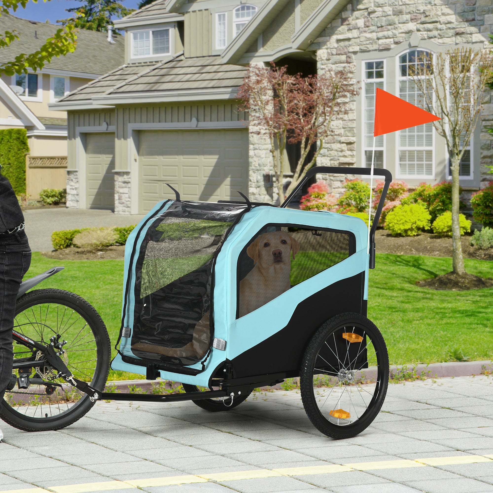 PawHut 2-in-1 Hundeanhänger Hundewagen Fahrradanhänger bis 30kg klappbar Schiebefunktion 2 Eingänge Netzfenster Sonnenschutz Stahlrahmen hellblau 170 x 77 x 90 cm