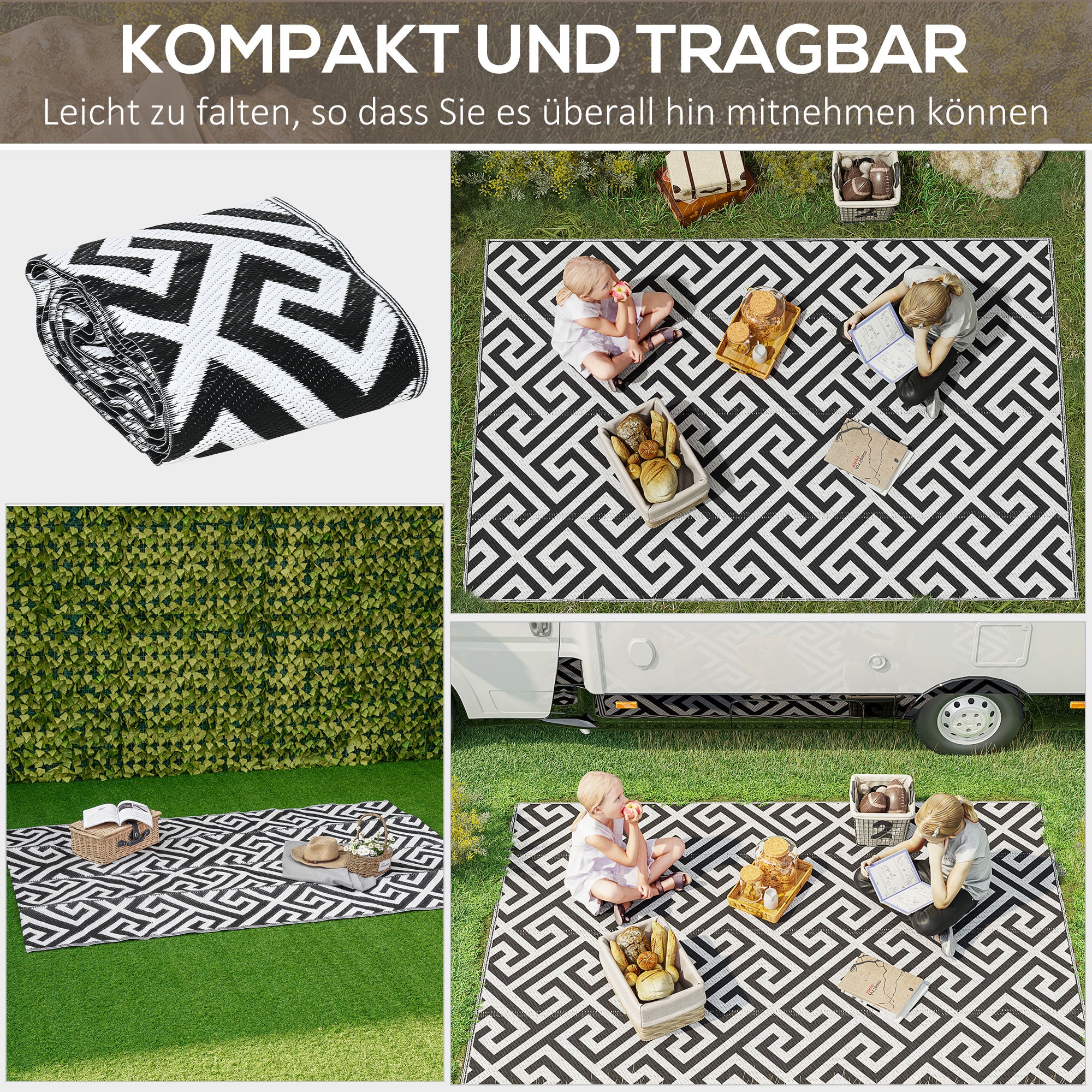 Outsunny Outdoor-Teppich, beidseitig nutzbar, strapazierfähig, Rand gegen Ausfransen, schwarz+weiß, 152 x 243 cm