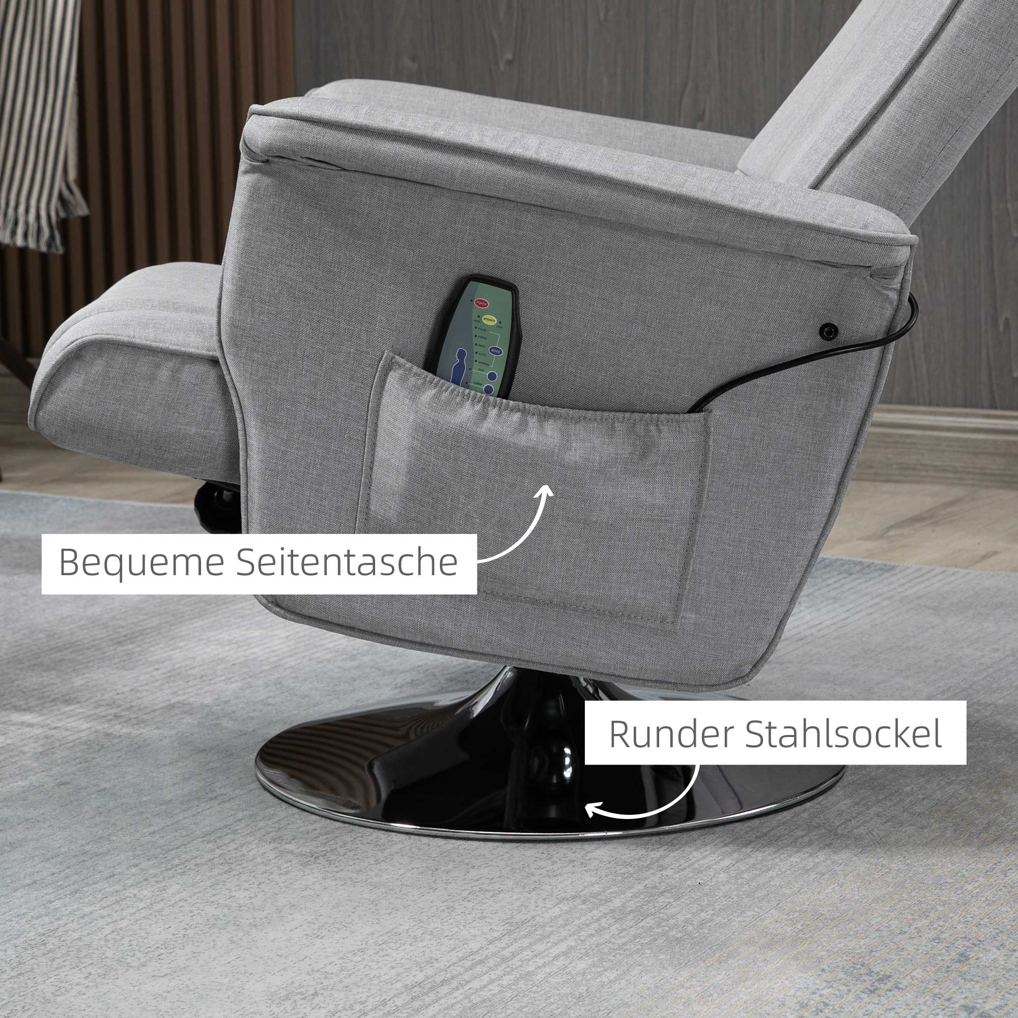 HOMCOM Massagesessel mit Hocker, neigbare Lehne, 78 x 95 x 88 cm, Hellgrau