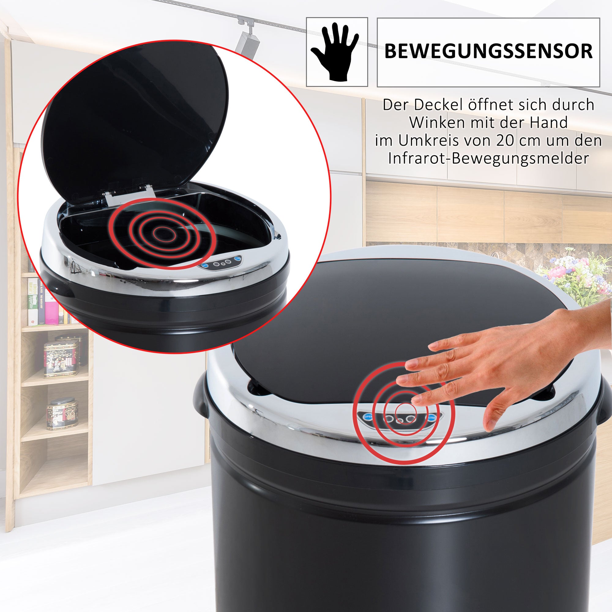HOMCOM Abfalleimer mit Bewegungssensor, rostfreier Stahl, 30,5 cm x 30,5 cm x 81,5 cm, Schwarz