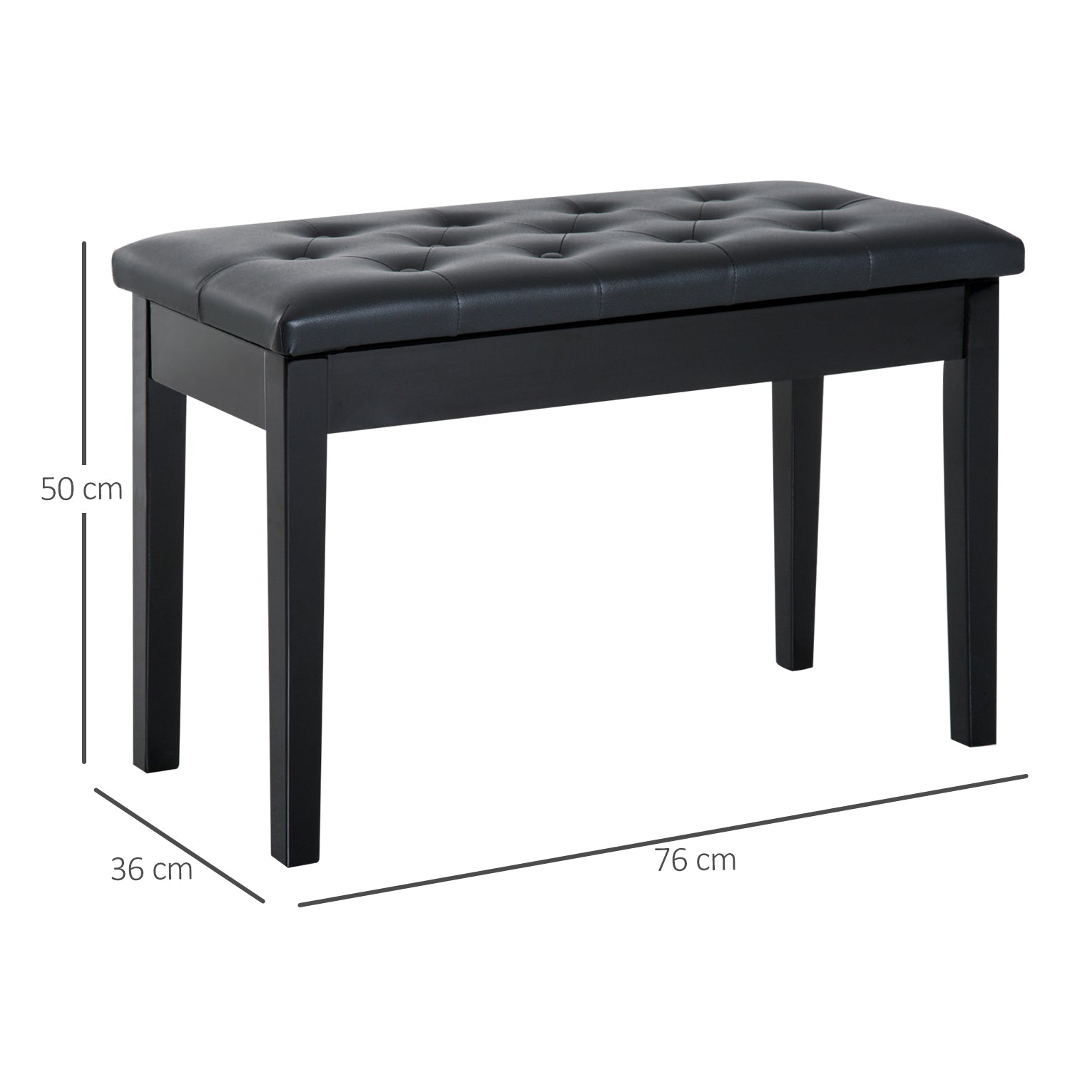 HOMCOM Klavierhocker, Klavierbank mit Verstecktem Stauraum, Klavierstuhl mit Kunstleder Kissen, Pianobank, Massivholz Keyboardbank für Piano, Keyboard, 76 x 36 x 50 cm, Schwarz