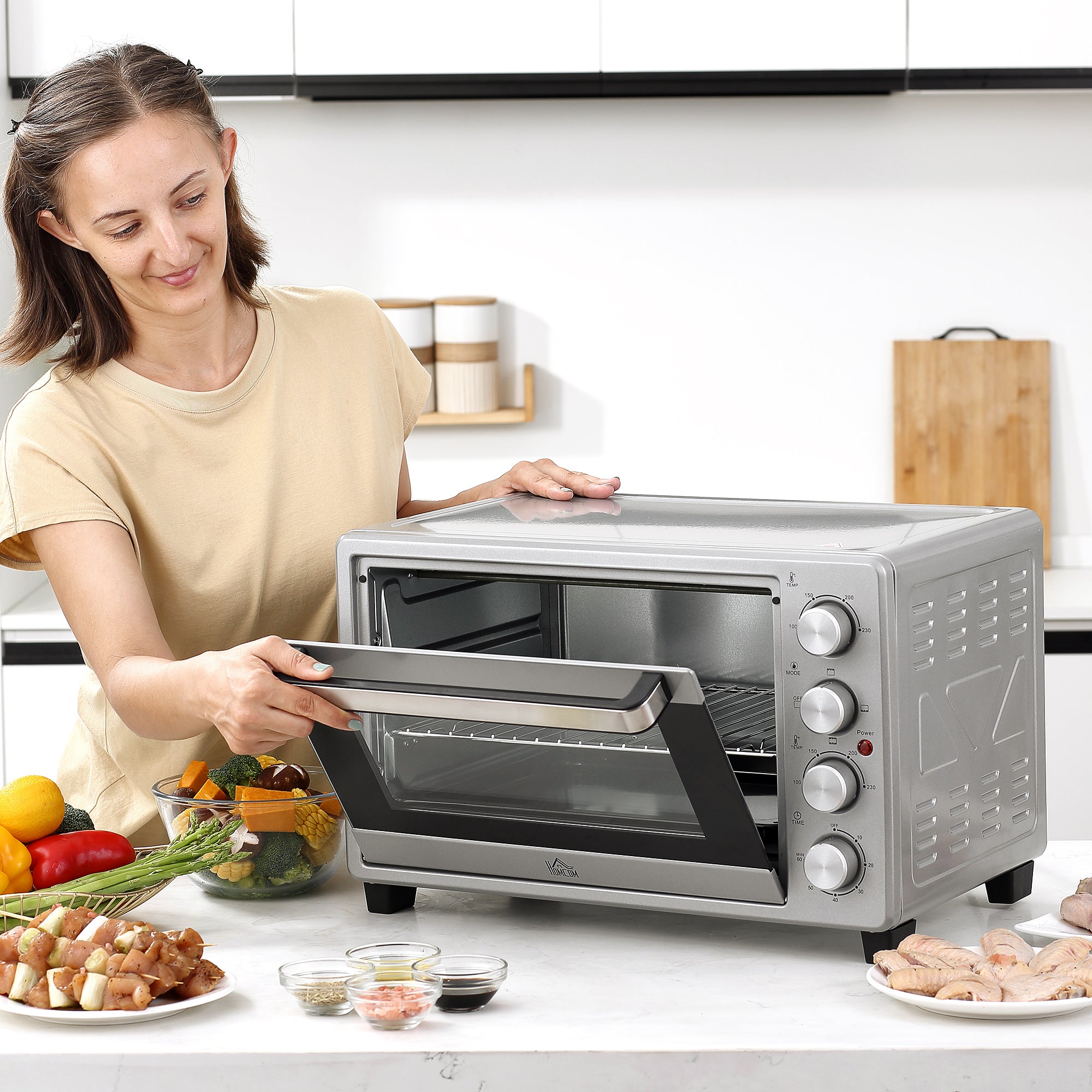 HOMCOM Mini Backofen 32L 100 °C-230 °C 1600 W Mini Ofen mit Backblech Krümelblech Grillrost und 3 Kochmodi Pizzaofen mit Timer Backblech-Griff Edelstahl Silber