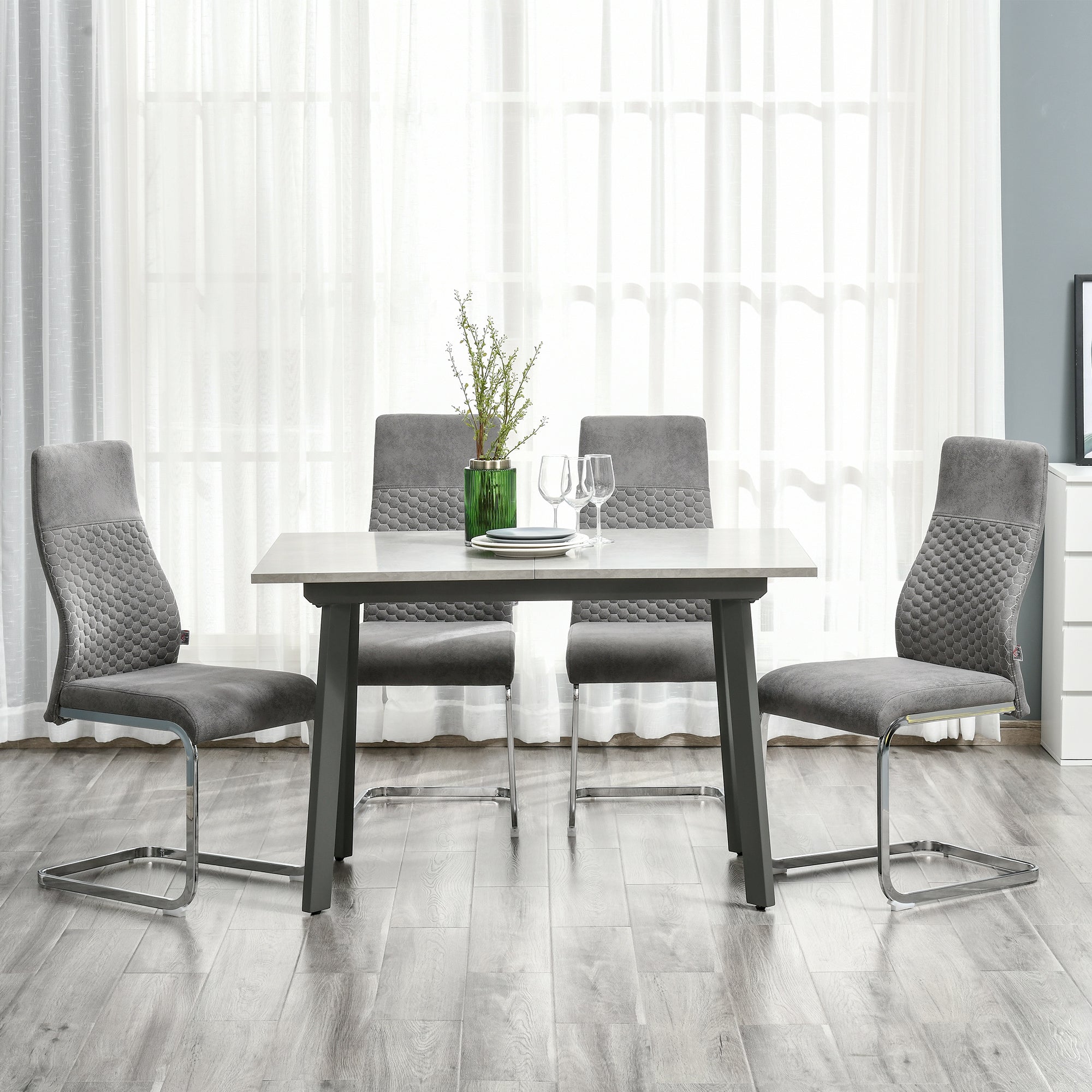 HOMCOM 4er-Set Freischwinger Esszimmerstühle 4-teilig Küchenstühle, Mikrofaser, 45 x 61 x 98 cm, Grau