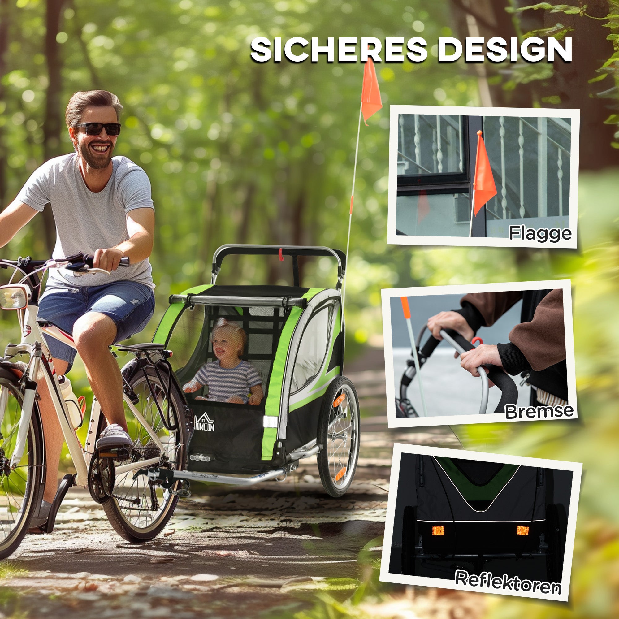 HOMCOM 2-in-1 Fahrradanhänger für 2 Kinder, Schiebefunktion, Regenschutz, Bremse, Grün