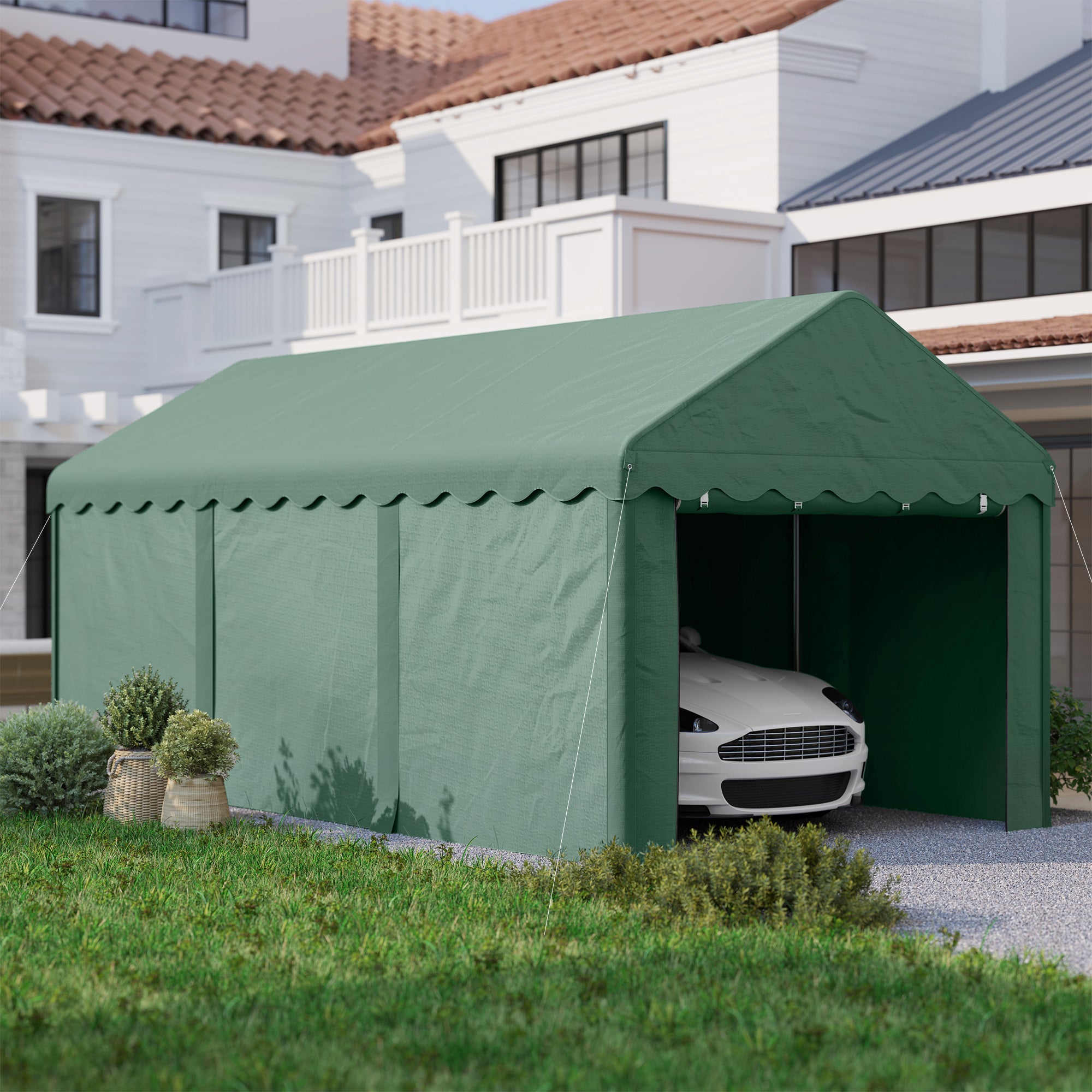 Outsunny 3x6 m Tragbarer Carport, Fahrzeugunterstand mit 2 Eingängen, Polyesterdach, für Autos, Boote, Gartengeräte, Dunkelgrün