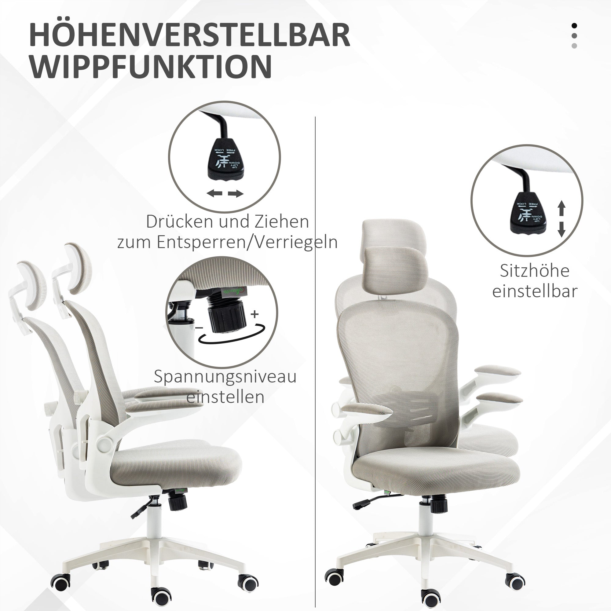 Vinsetto Bürostuhl, drehbares Kopfteil, höhenverstellbar, Nierenpolster, atmungsaktiver Bezug, bis 120kg, Grau