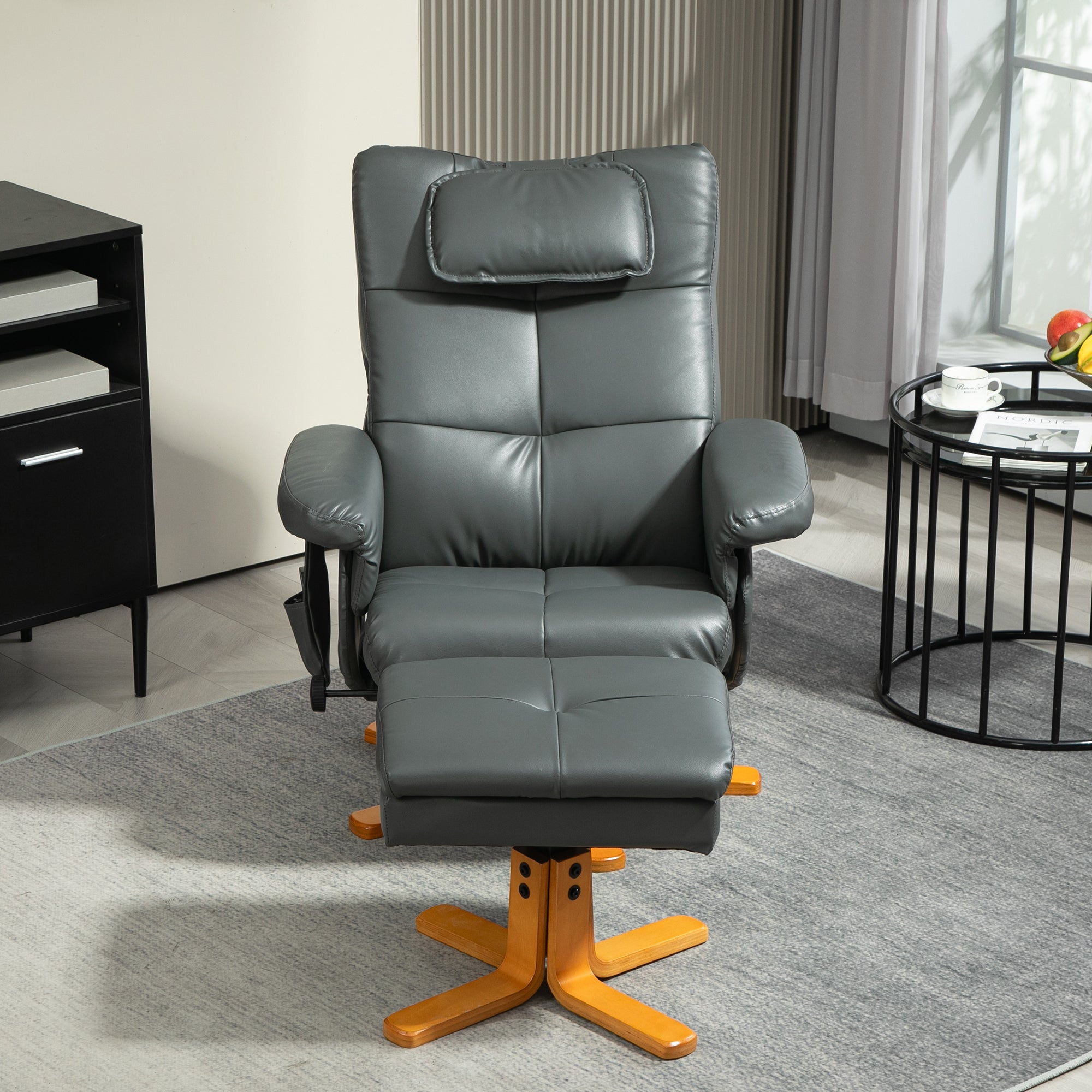 HOMCOM /Massagesessel mit Hocker, verstellbare Lehne, USB-Ladeport, Lederoptik, bis 150 kg, Dunkelgrau