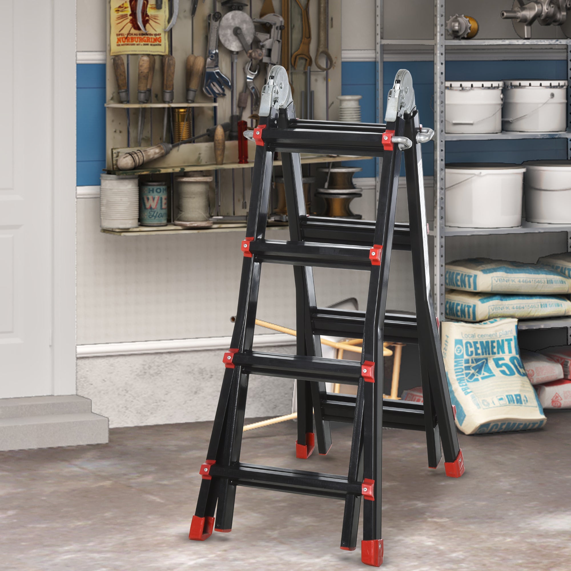 HOMCOM Teleskopleiter, rutschfeste Stufen, bis 150 kg belastbar, Aluminium, Schwarz+Rot