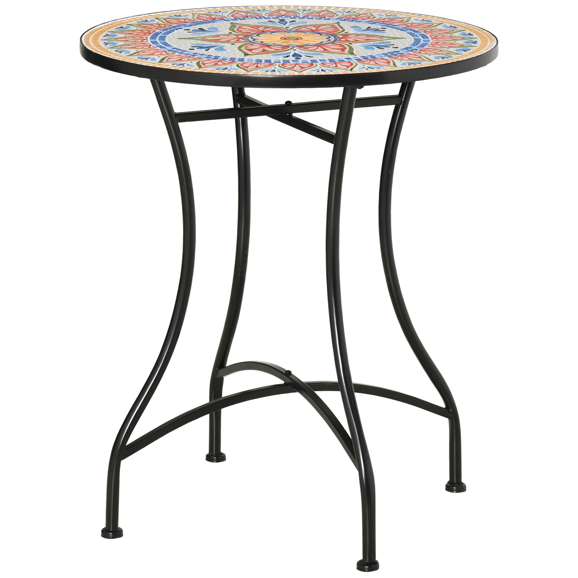 Outsunny Gartentisch Ø60 cm, Wetterfest Balkontisch aus Metall, Esstisch Outdoor, Campingtisch Beistelltisch, rund Terrassentisch für Garten Terrasse Balkon Rot+Blau+Weiß