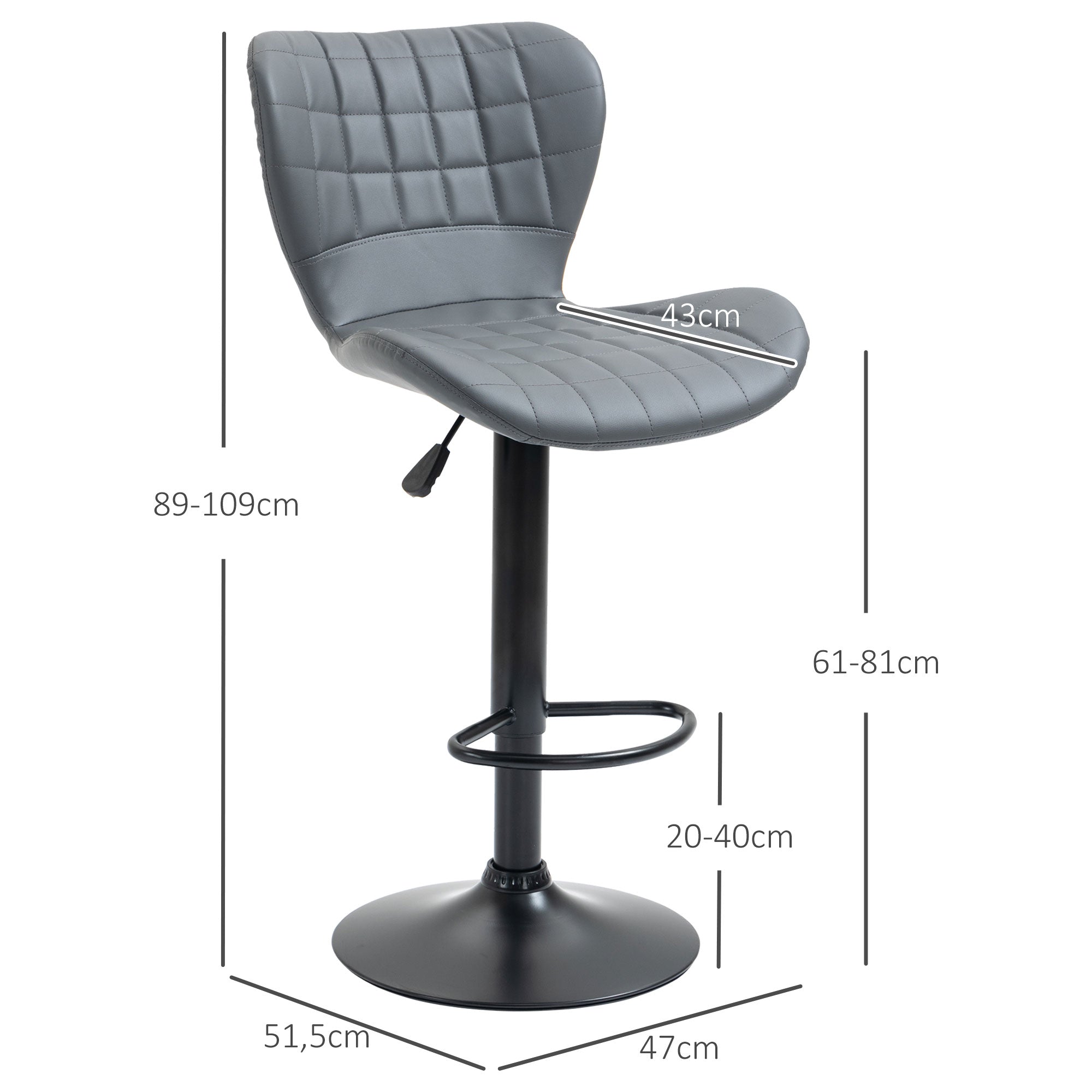 HOMCOM 2er-Set Barhocker Barstühle Barhocker, höhen verstellbar, mit Fußstütze, 47cm x 51,5 cm x 89-109 cm, Grau